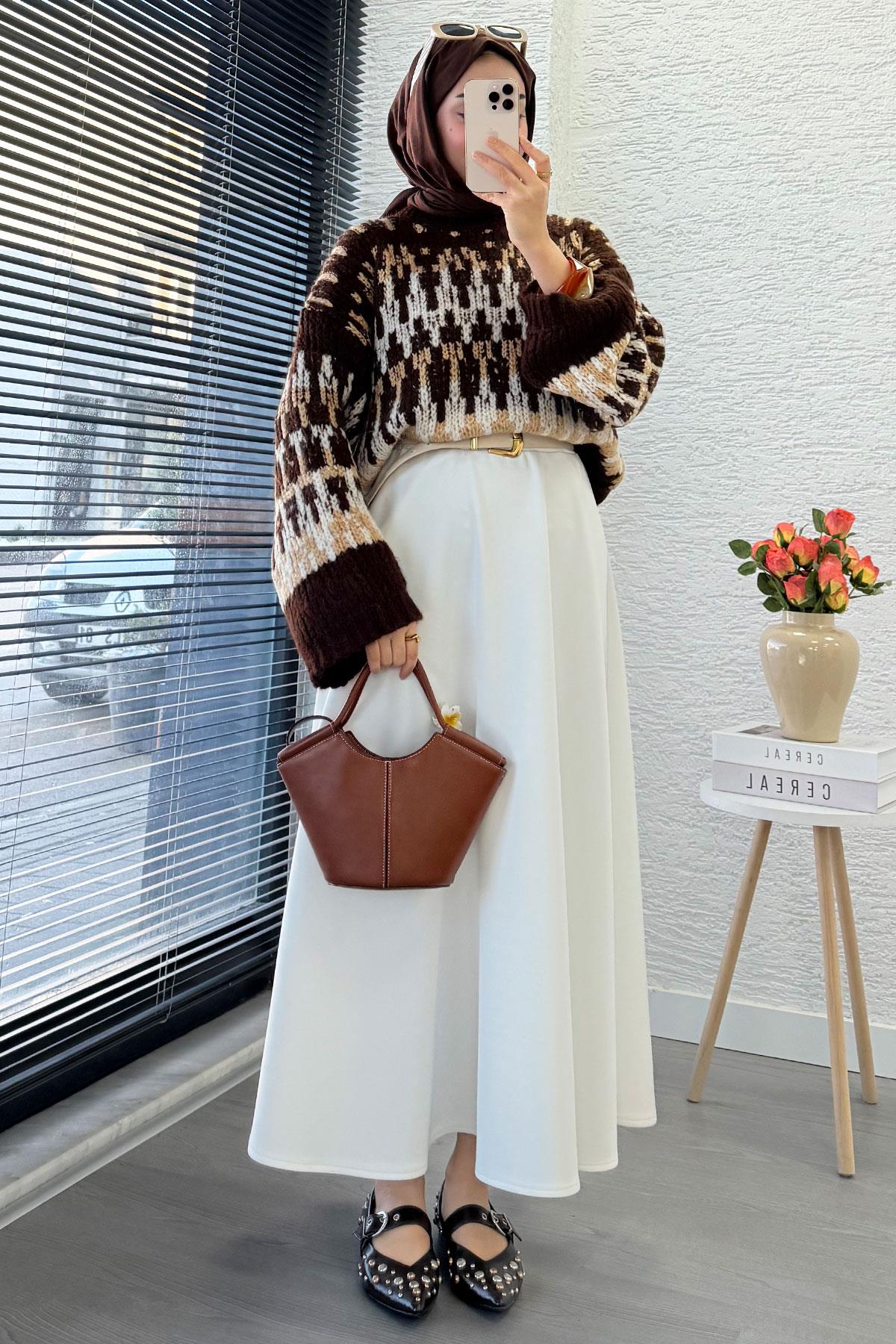 Pinterest Model Balon Kol Kısa Triko Kazak -Kahverengi