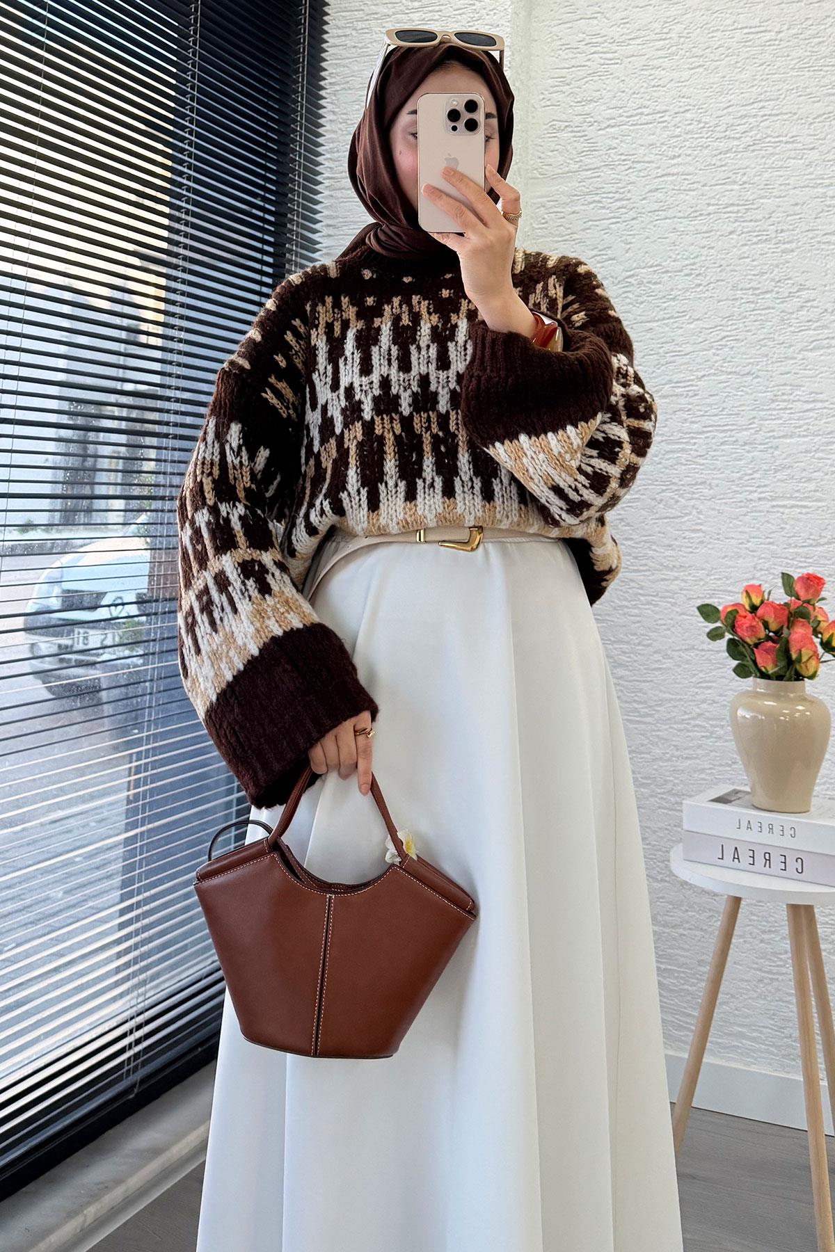 Pinterest Model Balon Kol Kısa Triko Kazak -Kahverengi