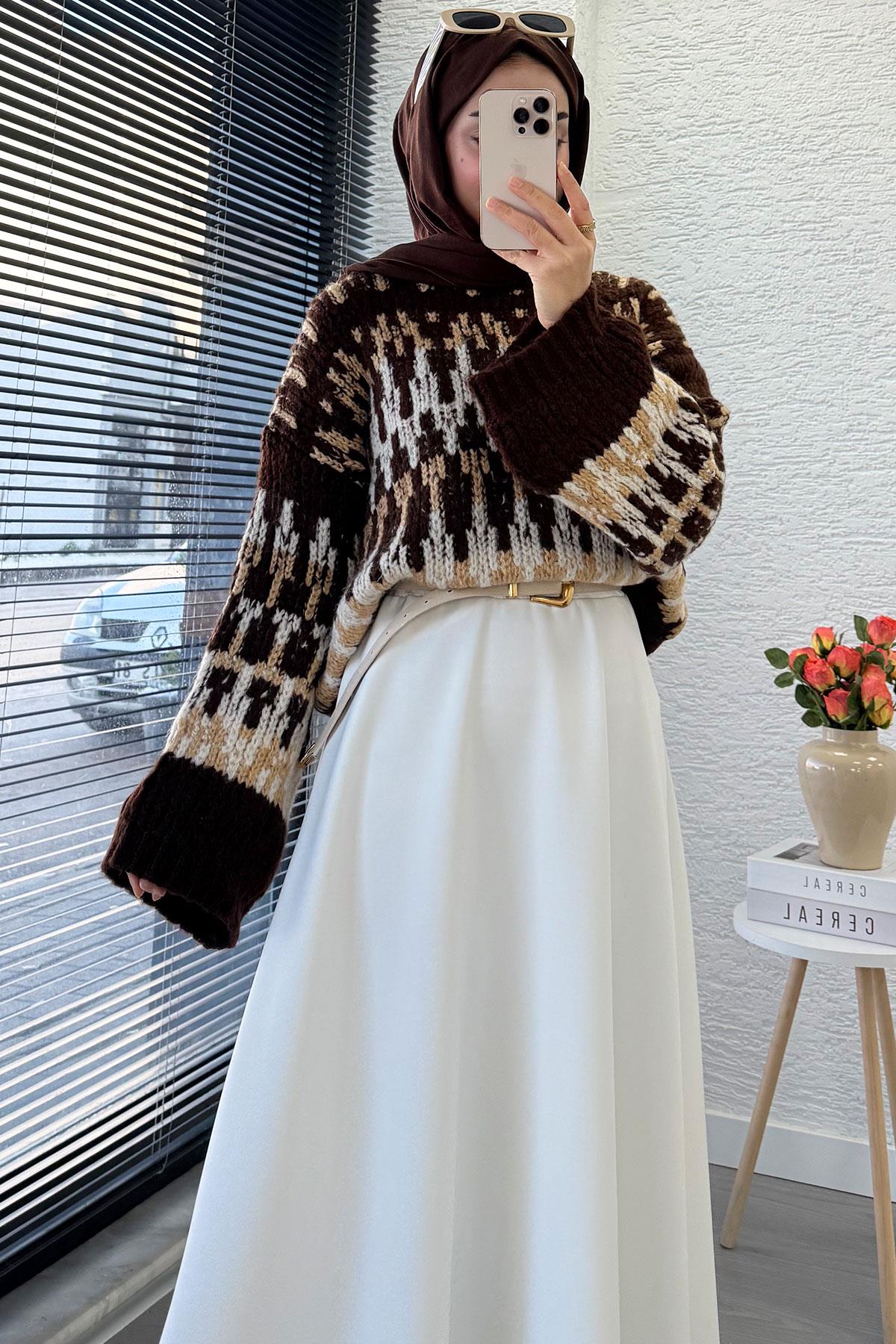 Pinterest Model Balon Kol Kısa Triko Kazak -Kahverengi