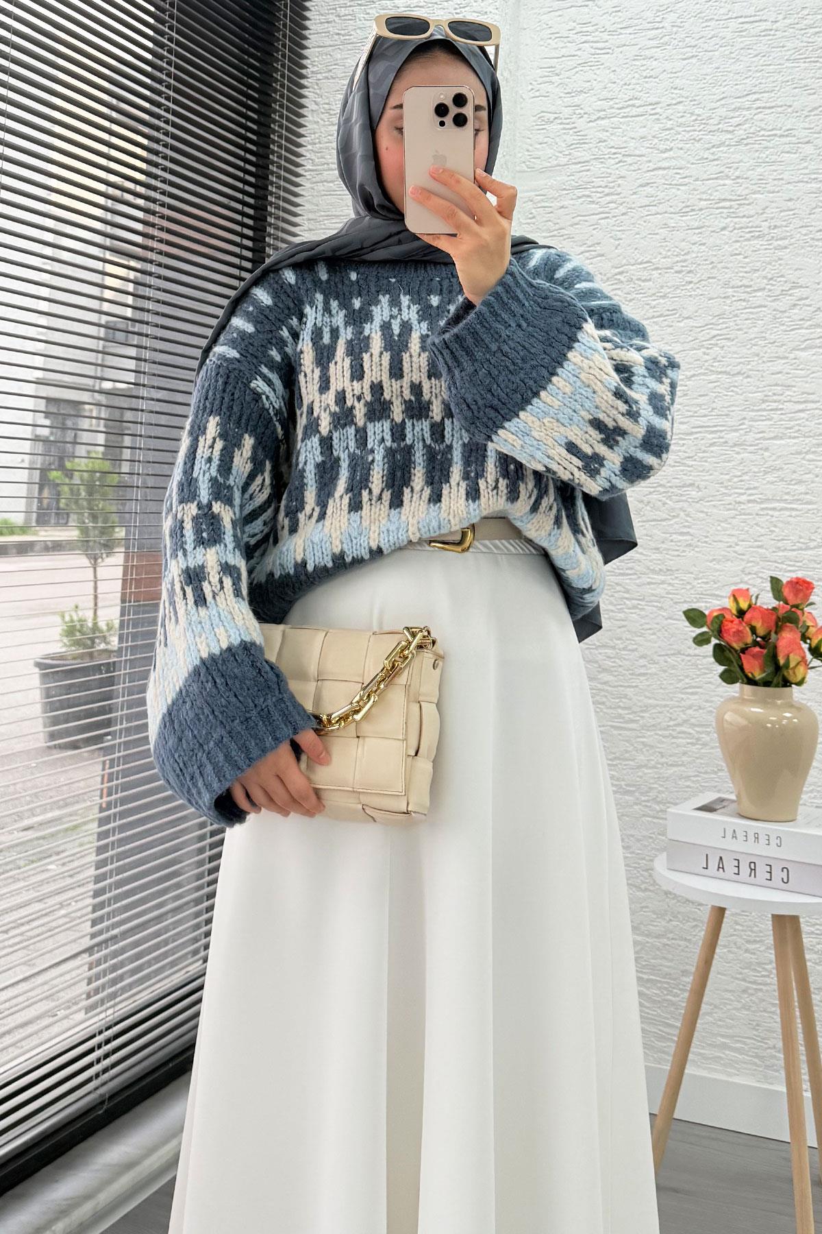 Pinterest Model Balon Kol Kısa Triko Kazak -İndigo