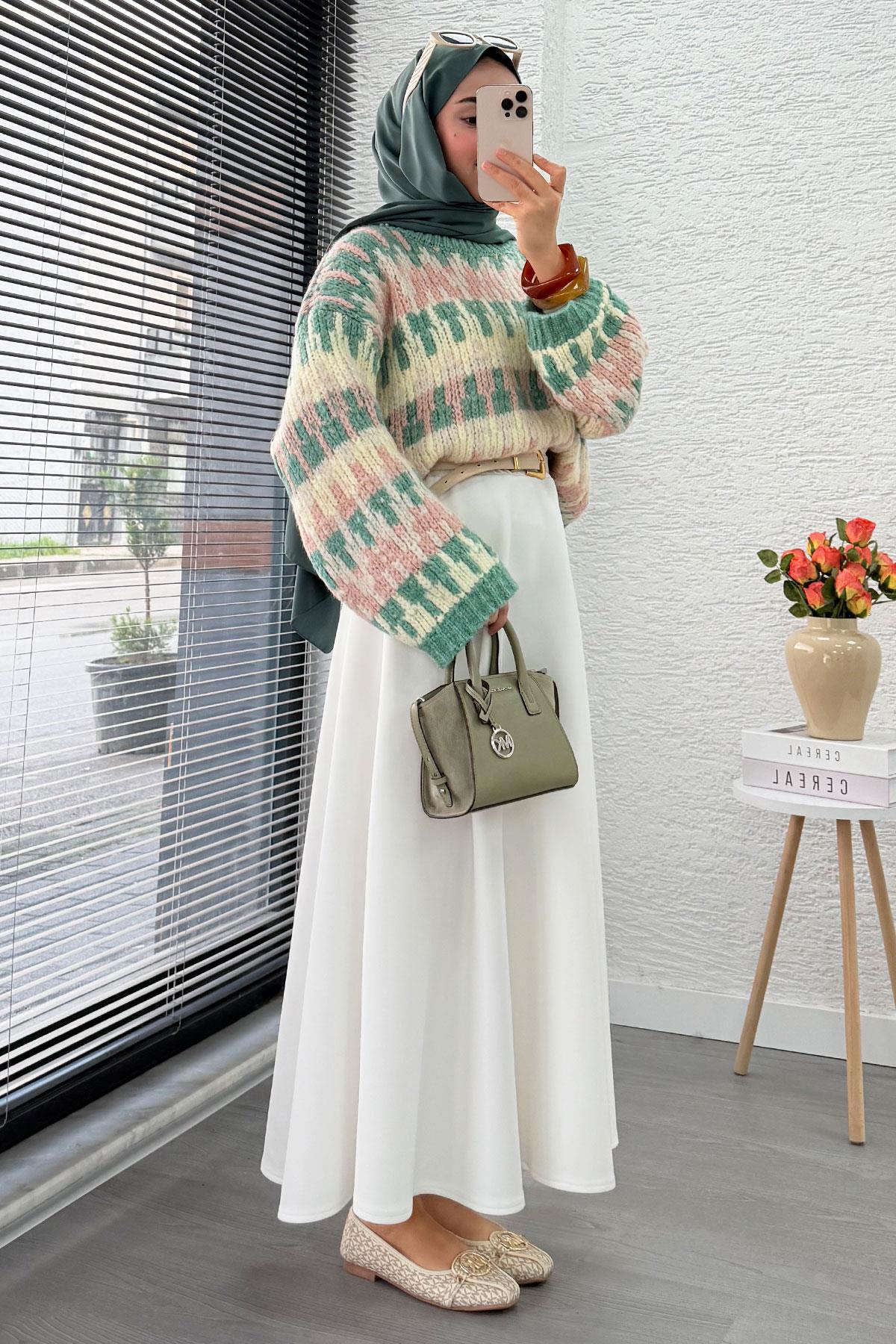 Pinterest Model Balon Kol Kısa Triko Kazak -Yeşil