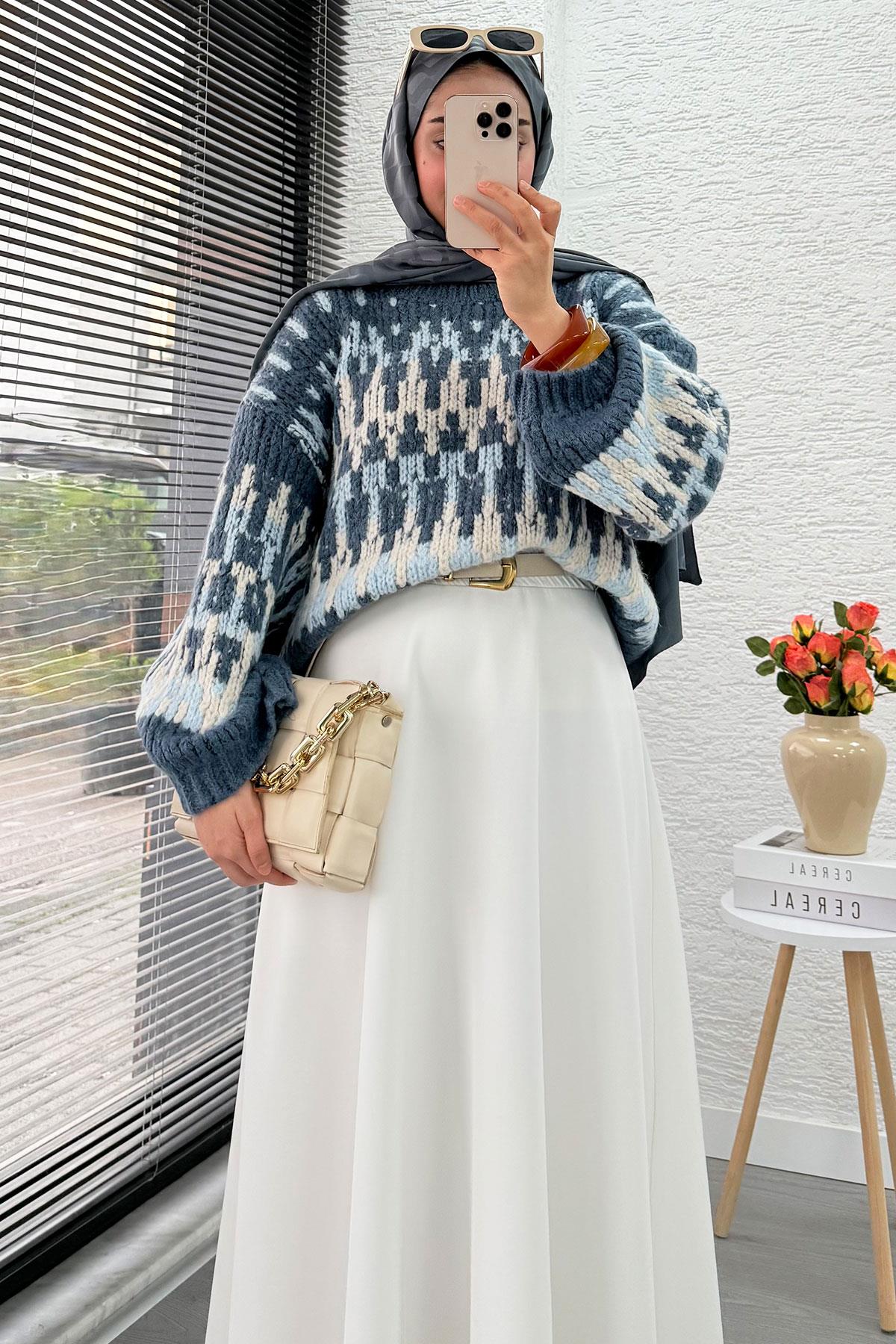 Pinterest Model Balon Kol Kısa Triko Kazak -İndigo