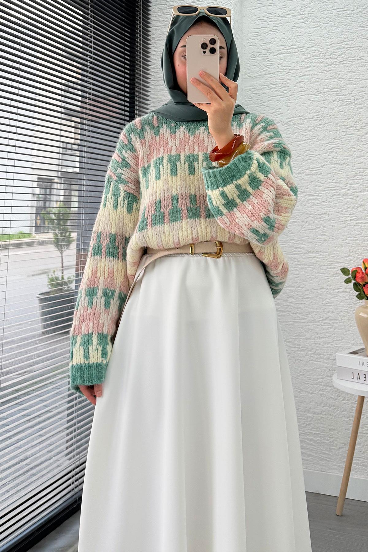 Pinterest Model Balon Kol Kısa Triko Kazak -Yeşil