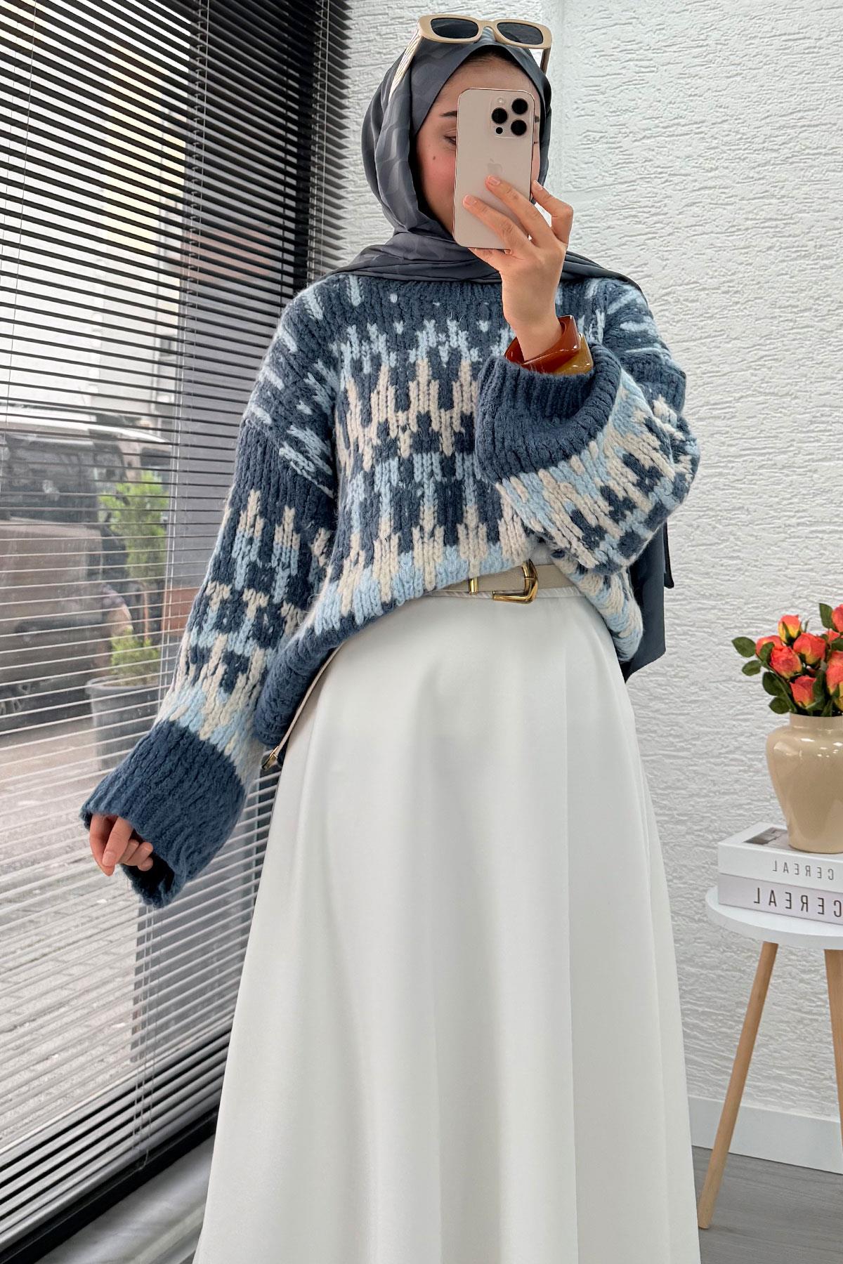 Pinterest Model Balon Kol Kısa Triko Kazak -İndigo