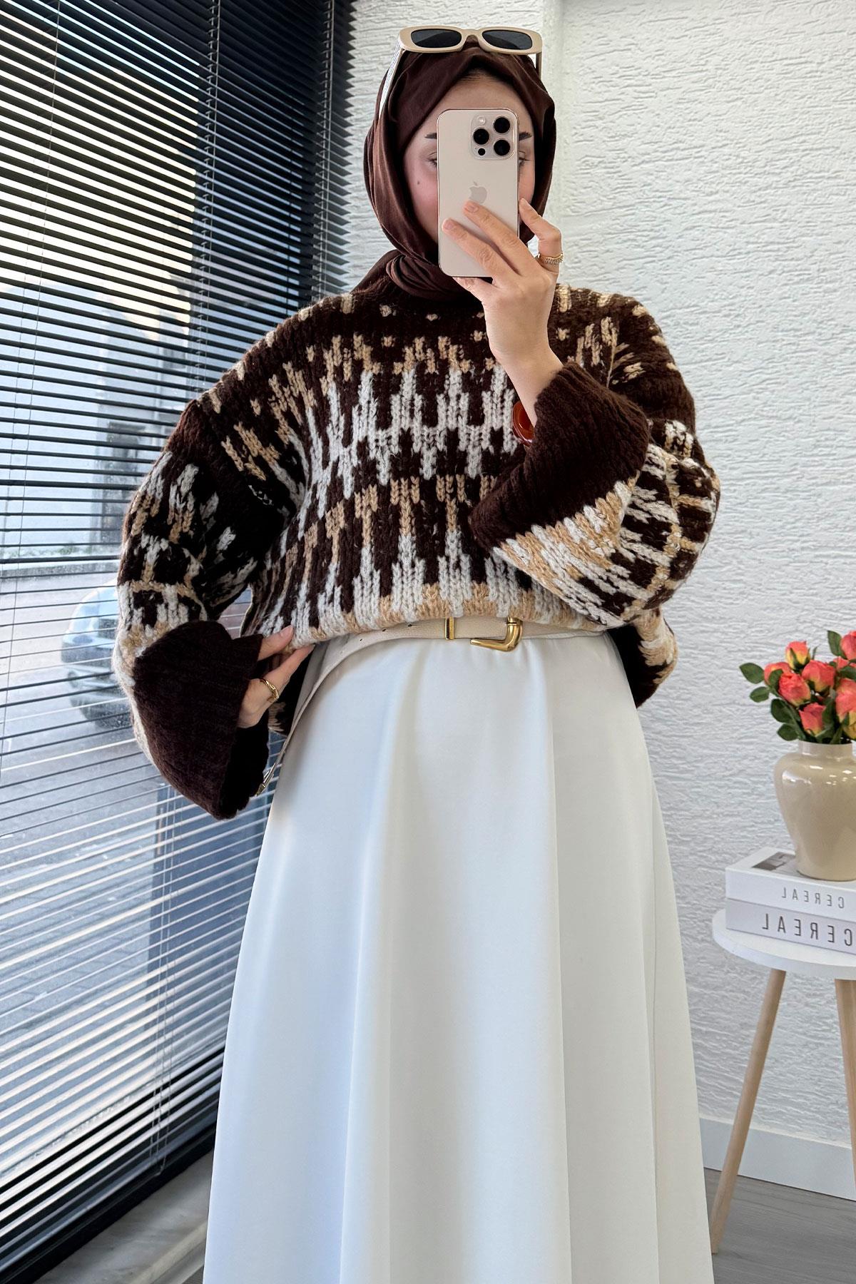 Pinterest Model Balon Kol Kısa Triko Kazak -Kahverengi