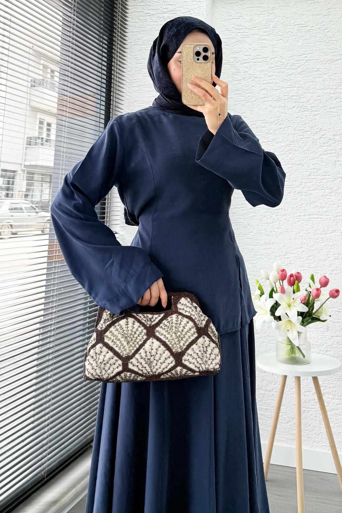 Pinterest Soft Line Yırtmaç Detaylı Etek Takım - Lacivert