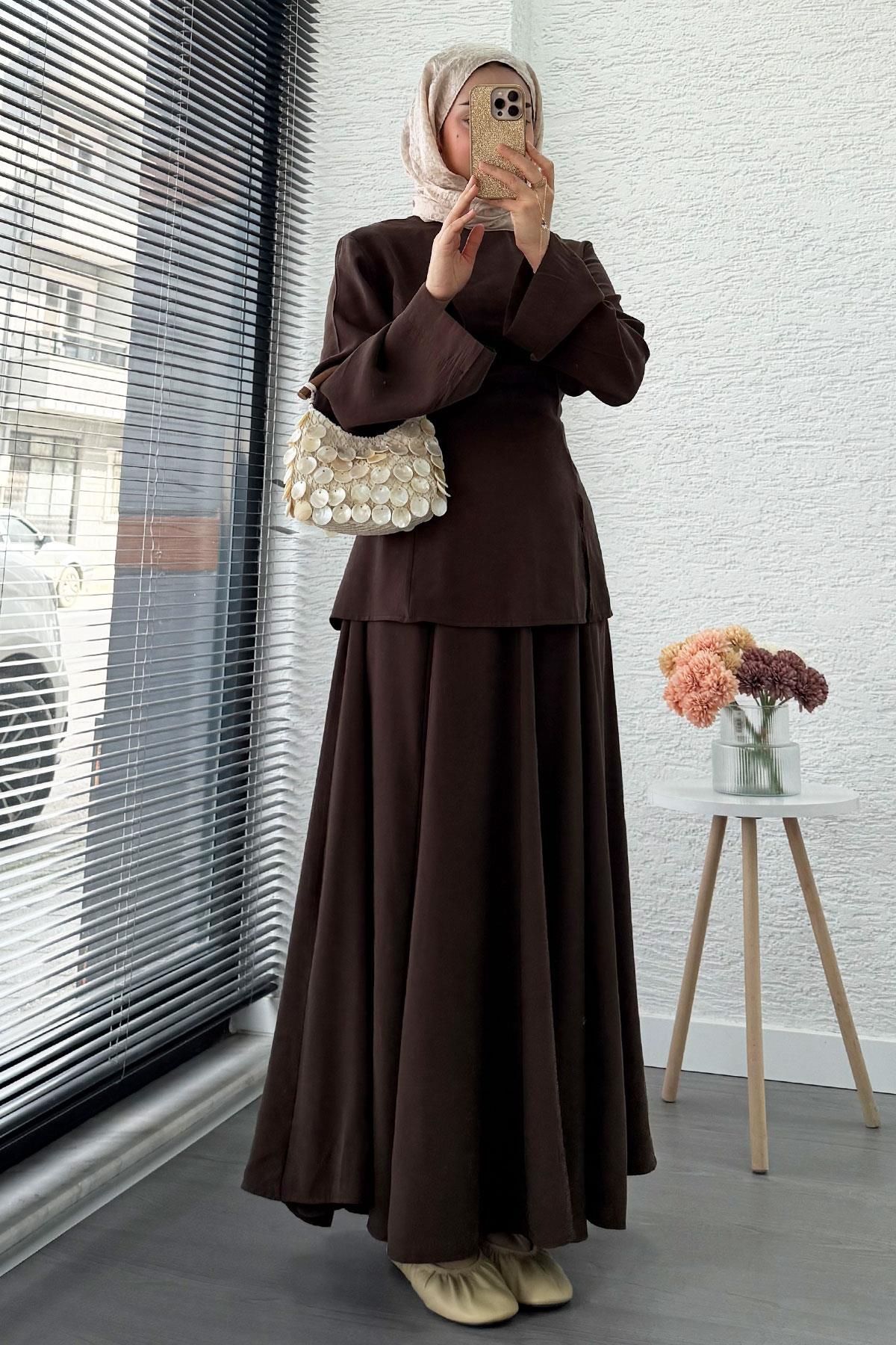 Pinterest Soft Line Yırtmaç Detaylı Etek Takım - Kahverengi