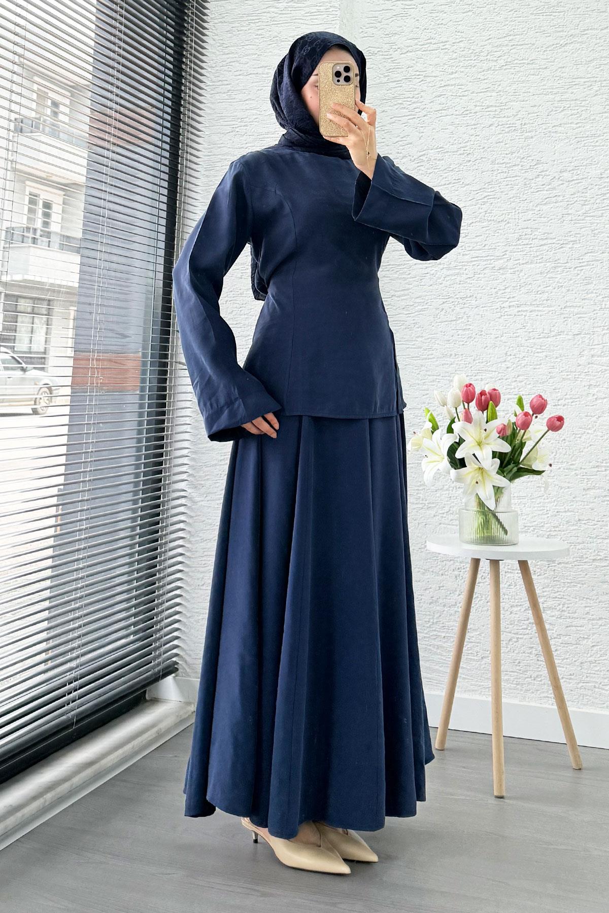 Pinterest Soft Line Yırtmaç Detaylı Etek Takım - Lacivert