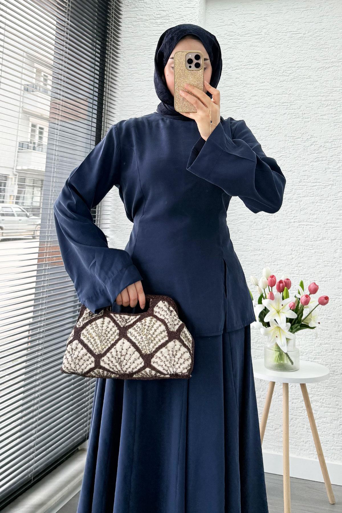 Pinterest Soft Line Yırtmaç Detaylı Etek Takım - Lacivert