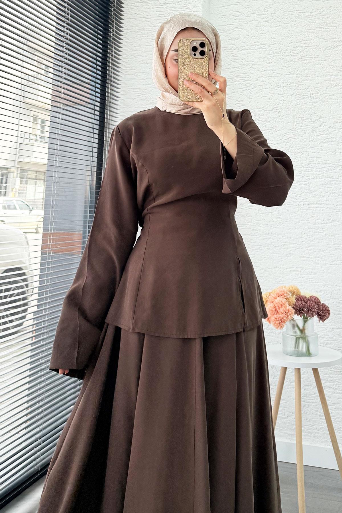 Pinterest Soft Line Yırtmaç Detaylı Etek Takım - Kahverengi
