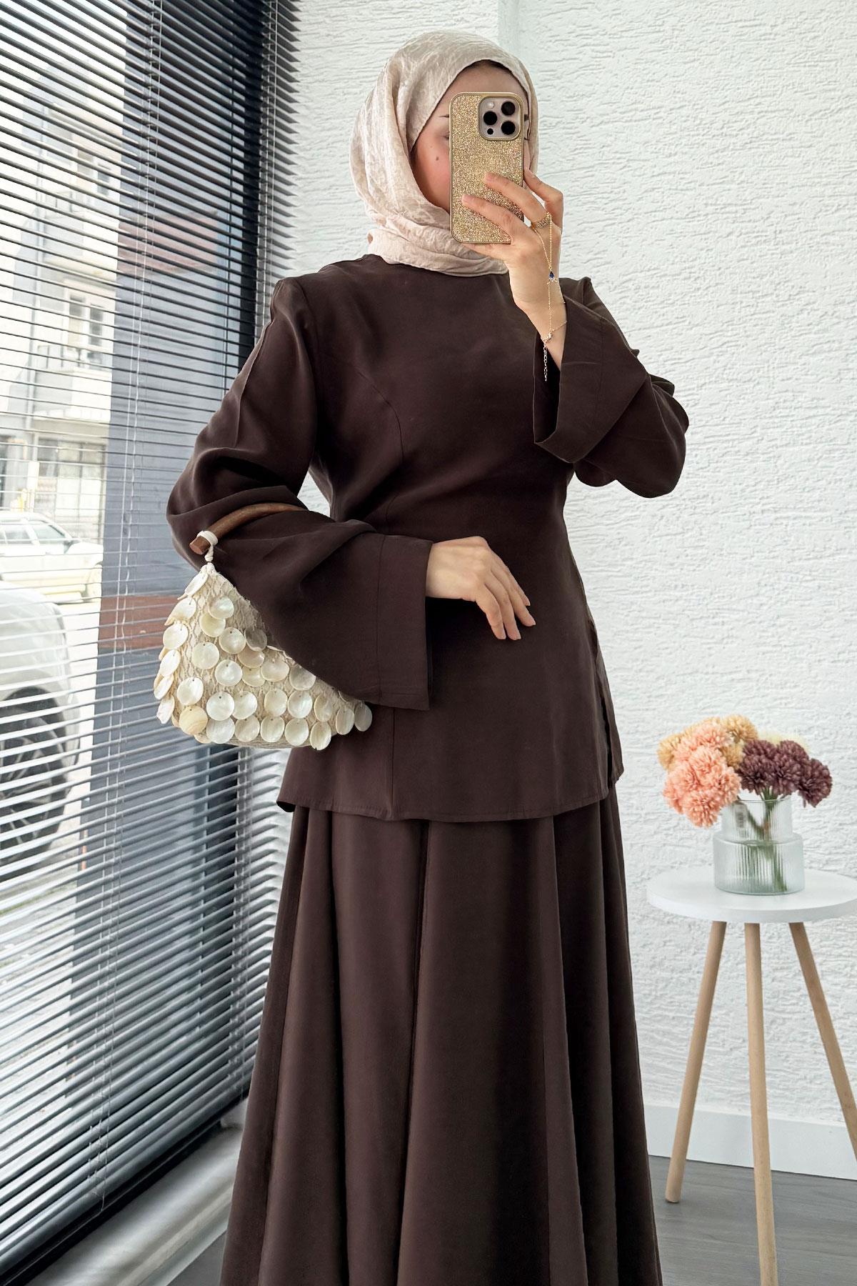 Pinterest Soft Line Yırtmaç Detaylı Etek Takım - Kahverengi