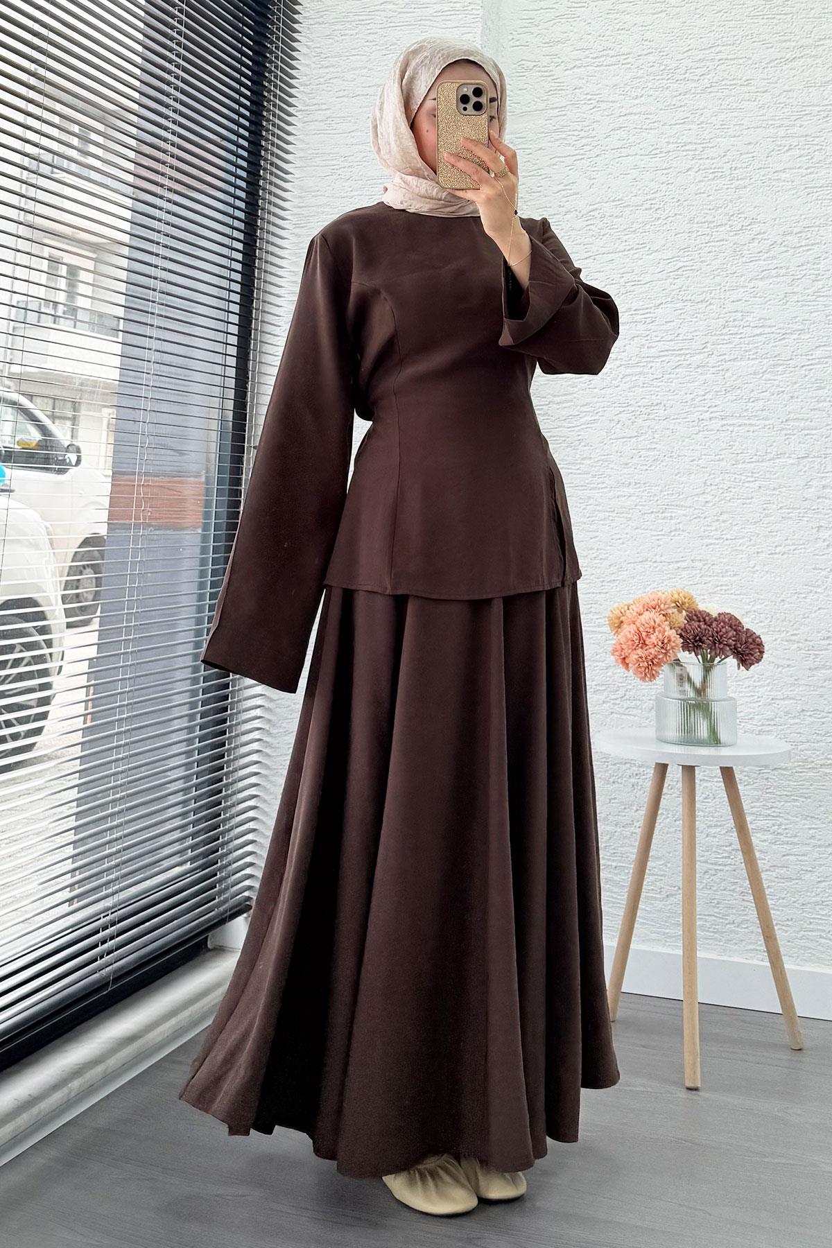 Pinterest Soft Line Yırtmaç Detaylı Etek Takım - Kahverengi