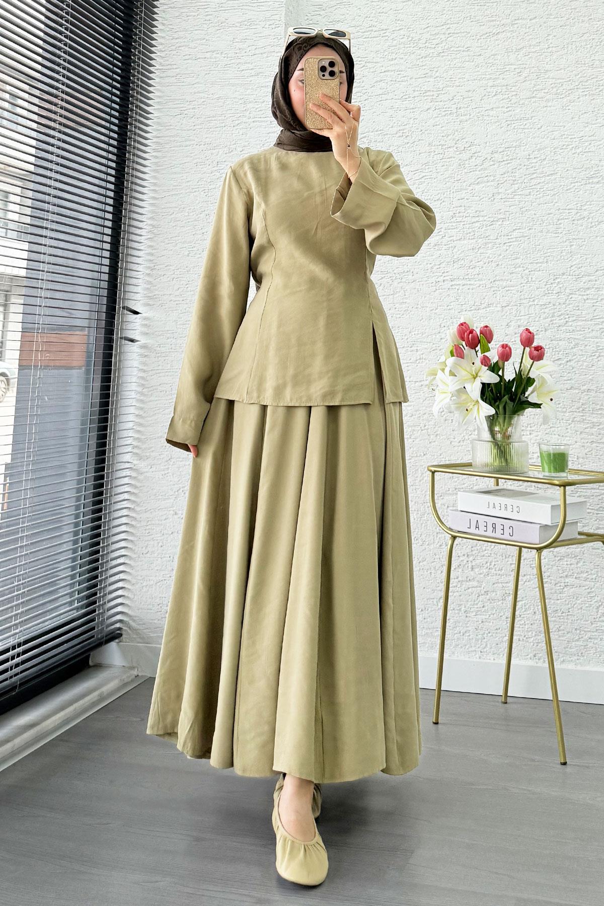 Pinterest Soft Line Yırtmaç Detaylı Etek Takım - Çağla Yeşili