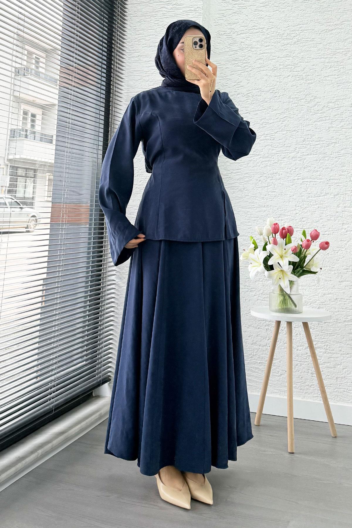 Pinterest Soft Line Yırtmaç Detaylı Etek Takım - Lacivert