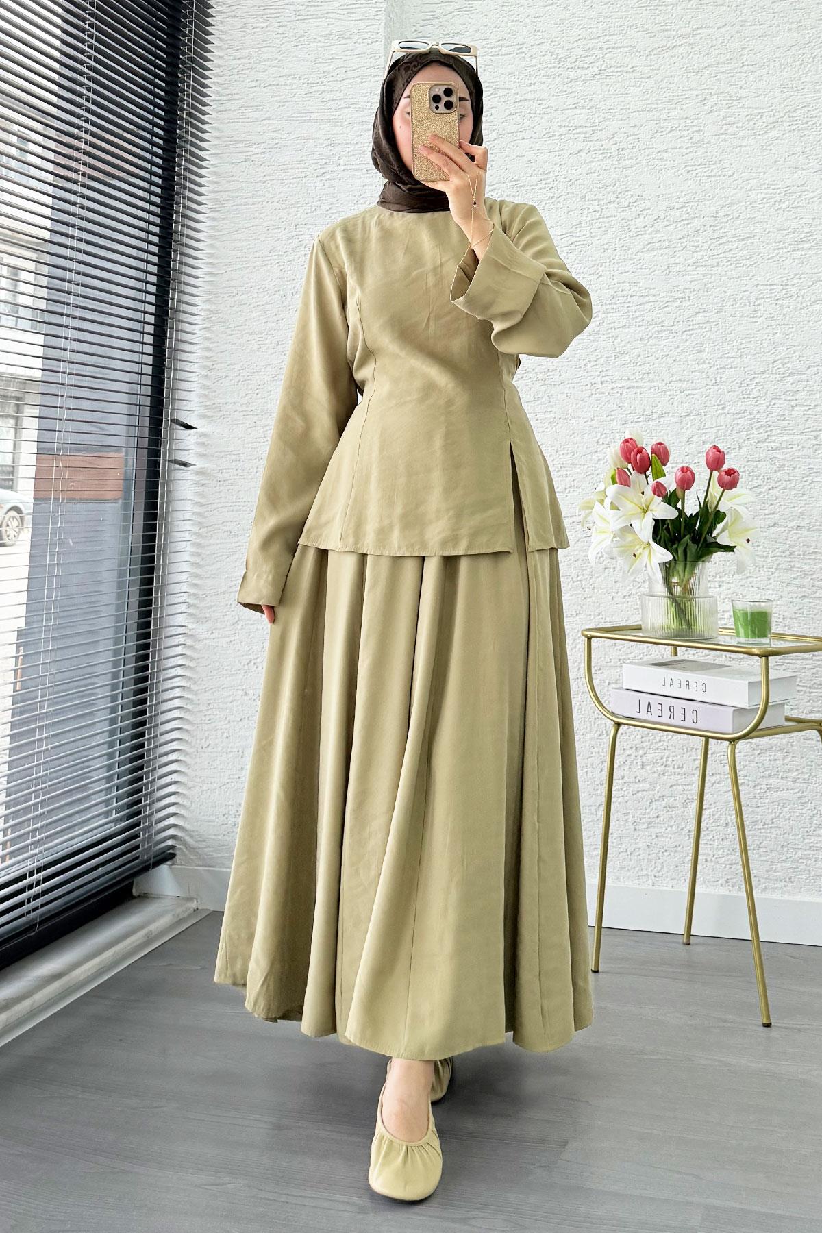 Pinterest Soft Line Yırtmaç Detaylı Etek Takım - Çağla Yeşili