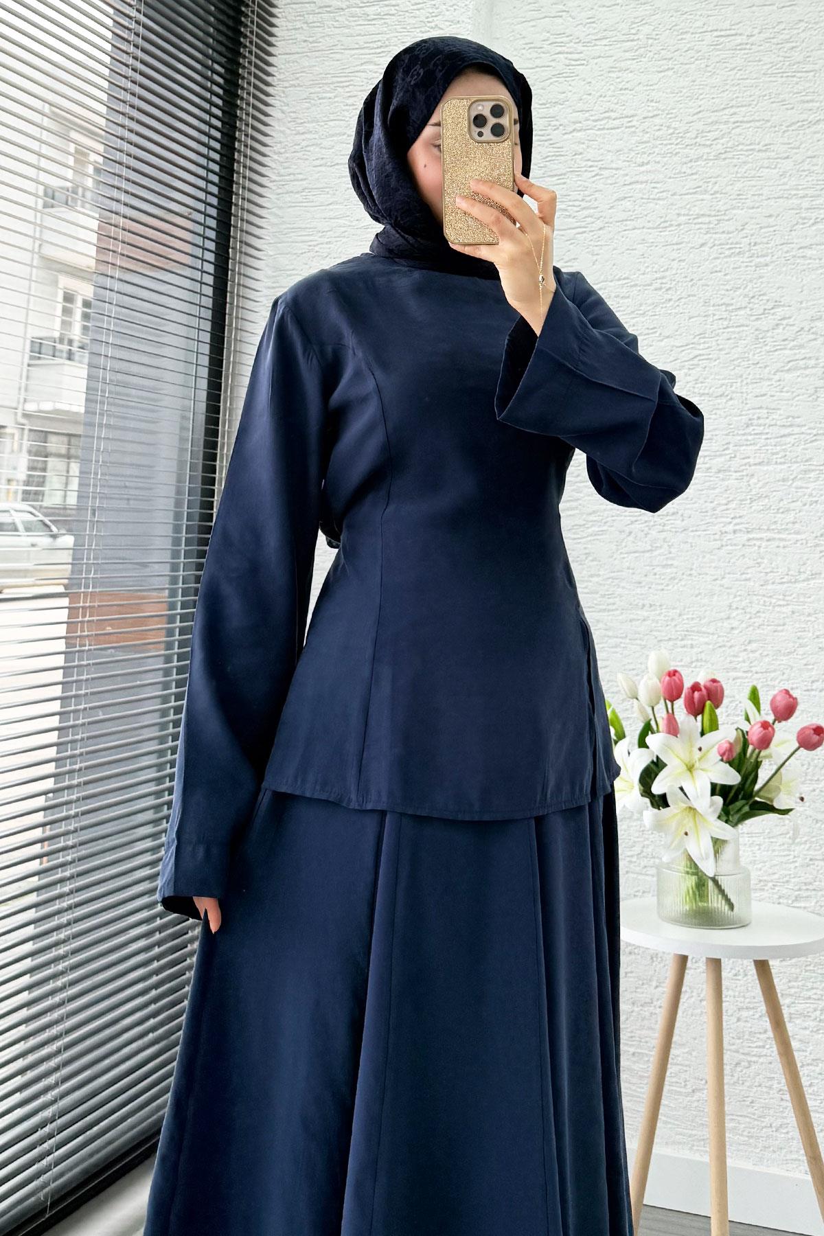 Pinterest Soft Line Yırtmaç Detaylı Etek Takım - Lacivert