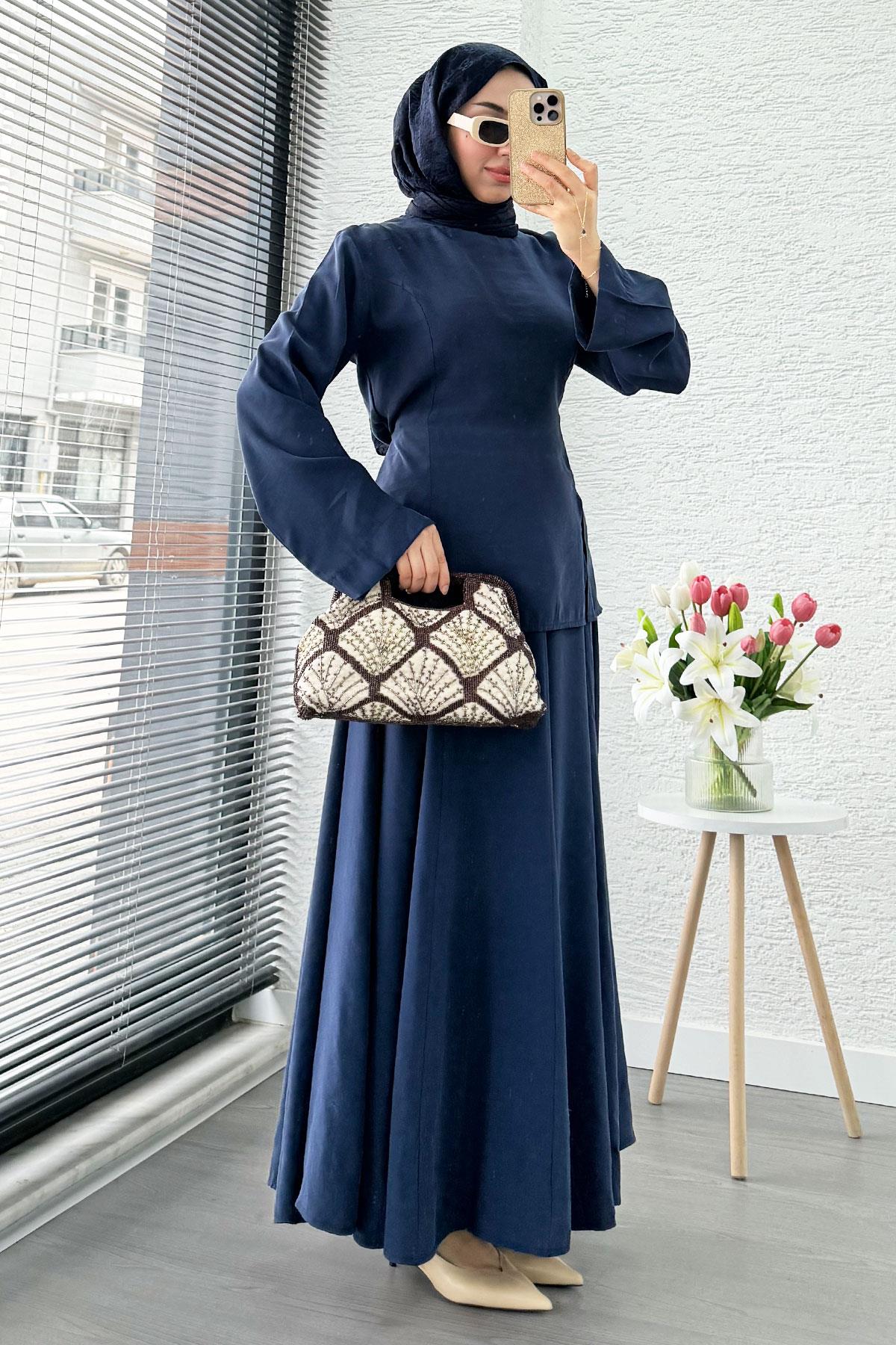 Pinterest Soft Line Yırtmaç Detaylı Etek Takım - Lacivert