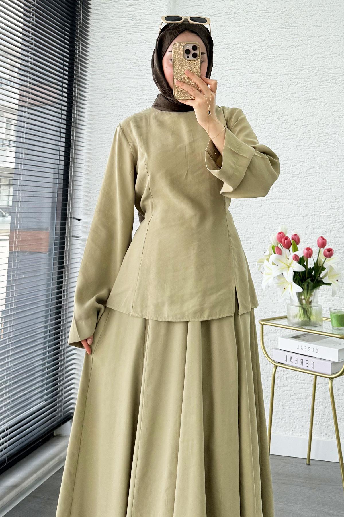 Pinterest Soft Line Yırtmaç Detaylı Etek Takım - Çağla Yeşili