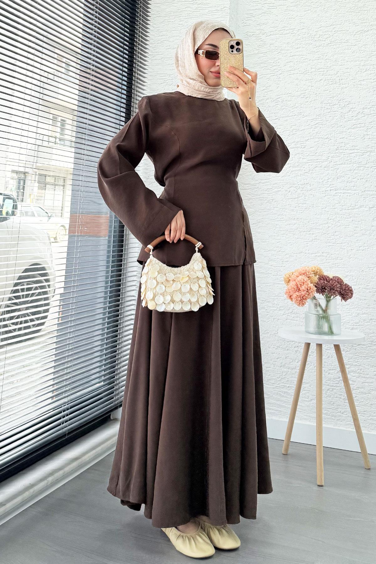 Pinterest Soft Line Yırtmaç Detaylı Etek Takım - Kahverengi
