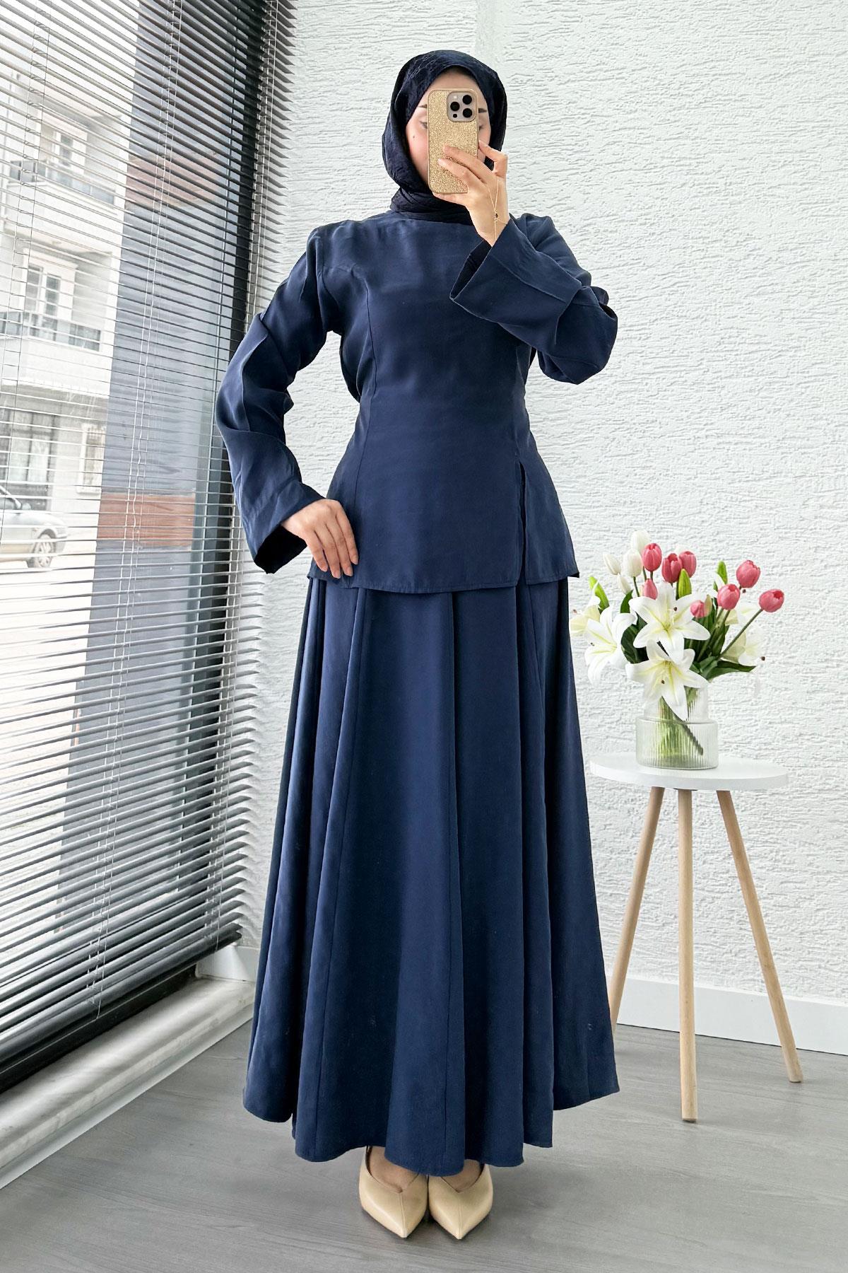 Pinterest Soft Line Yırtmaç Detaylı Etek Takım - Lacivert