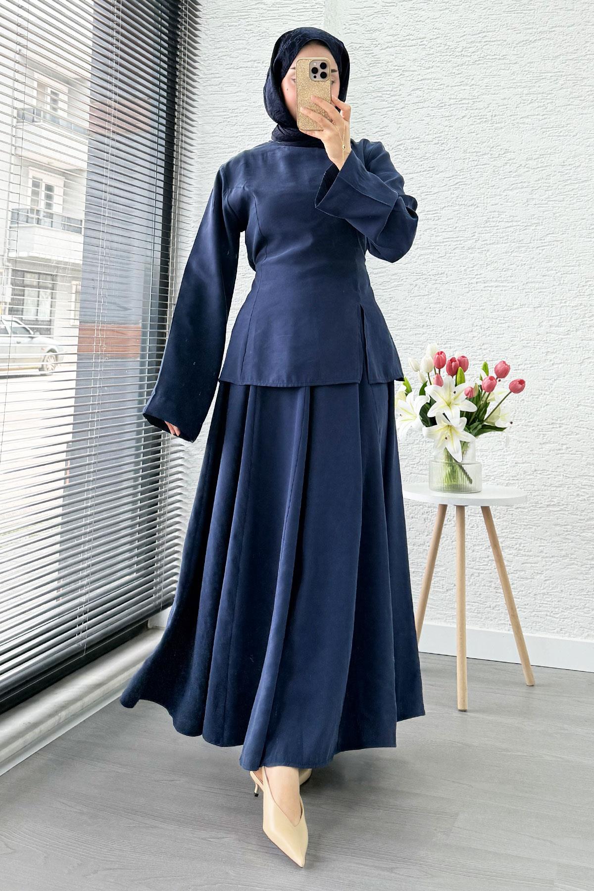 Pinterest Soft Line Yırtmaç Detaylı Etek Takım - Lacivert