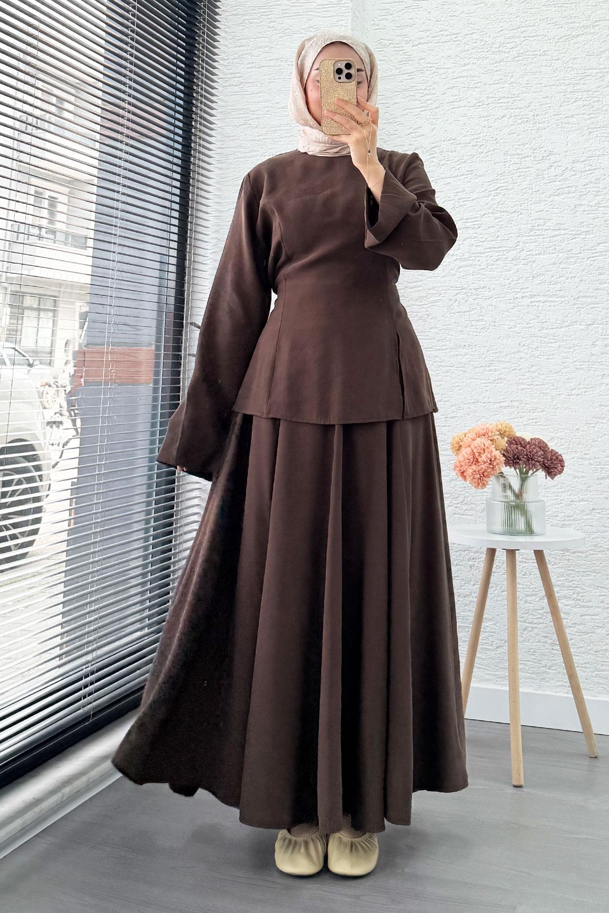 Pinterest Soft Line Yırtmaç Detaylı Etek Takım - Kahverengi