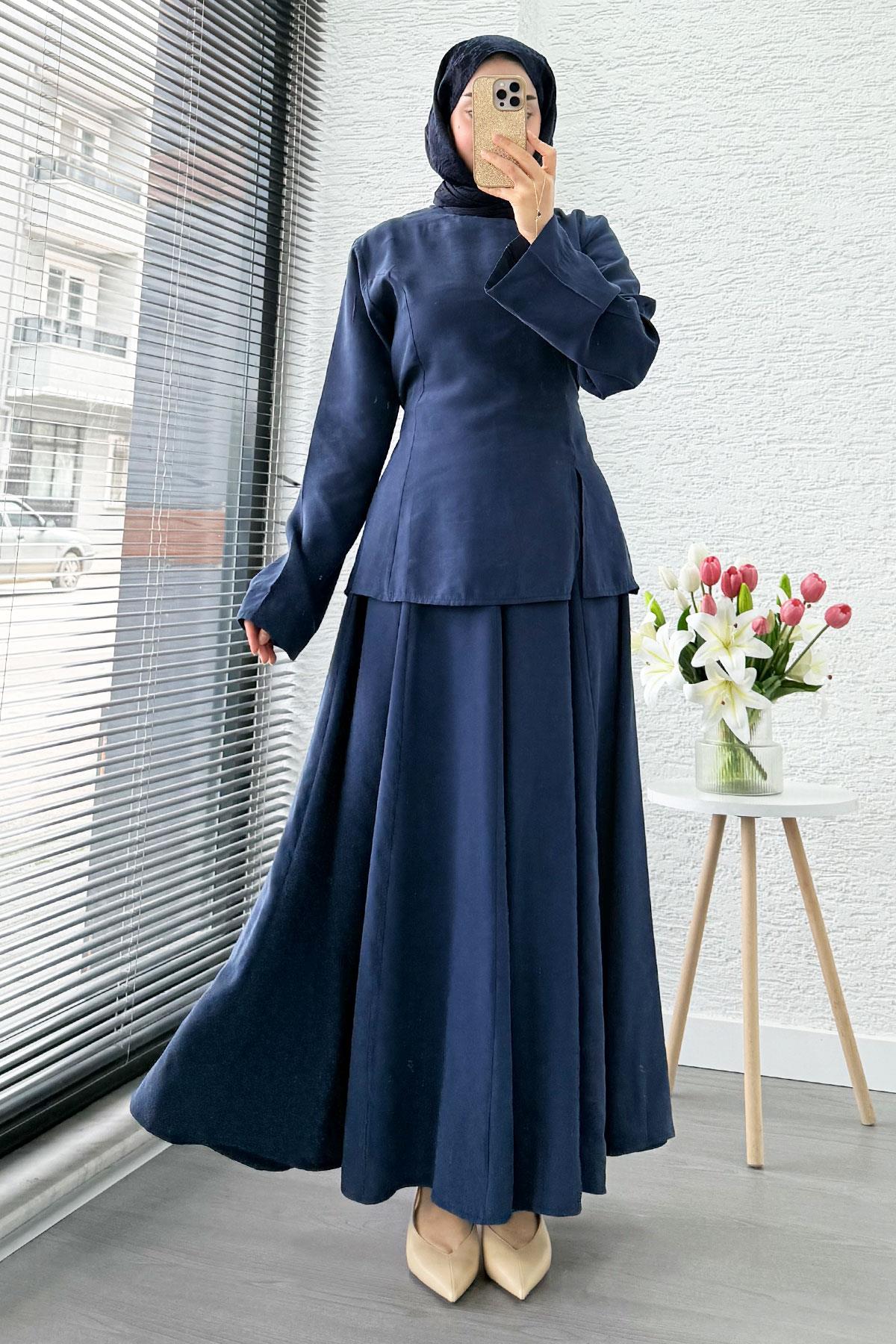 Pinterest Soft Line Yırtmaç Detaylı Etek Takım - Lacivert