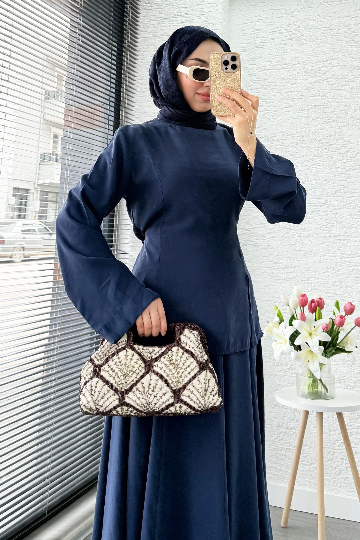 Pinterest Soft Line Yırtmaç Detaylı Etek Takım - Lacivert