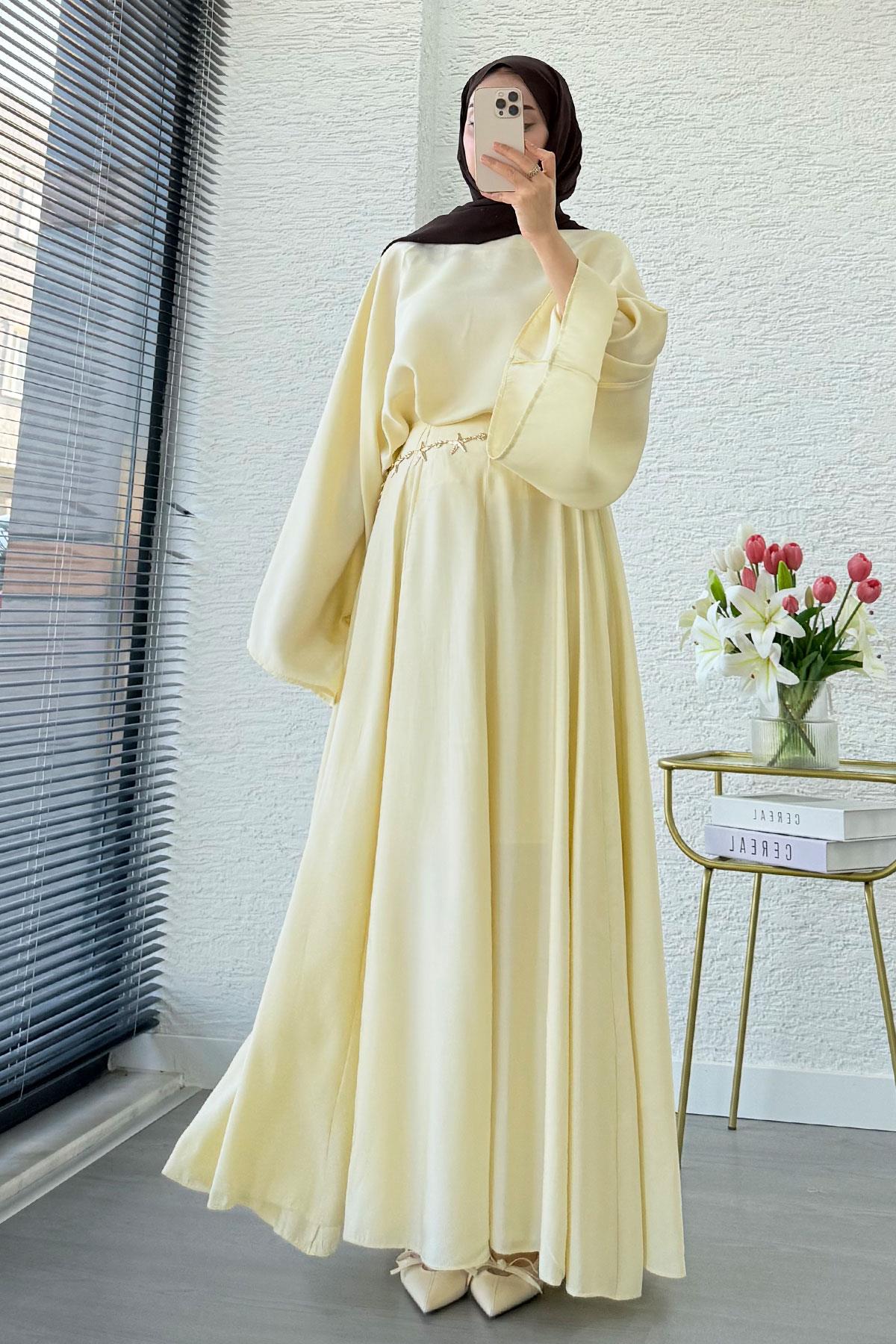 Pinterest Yarasa Kol Flare Etekli Takım – Sarı