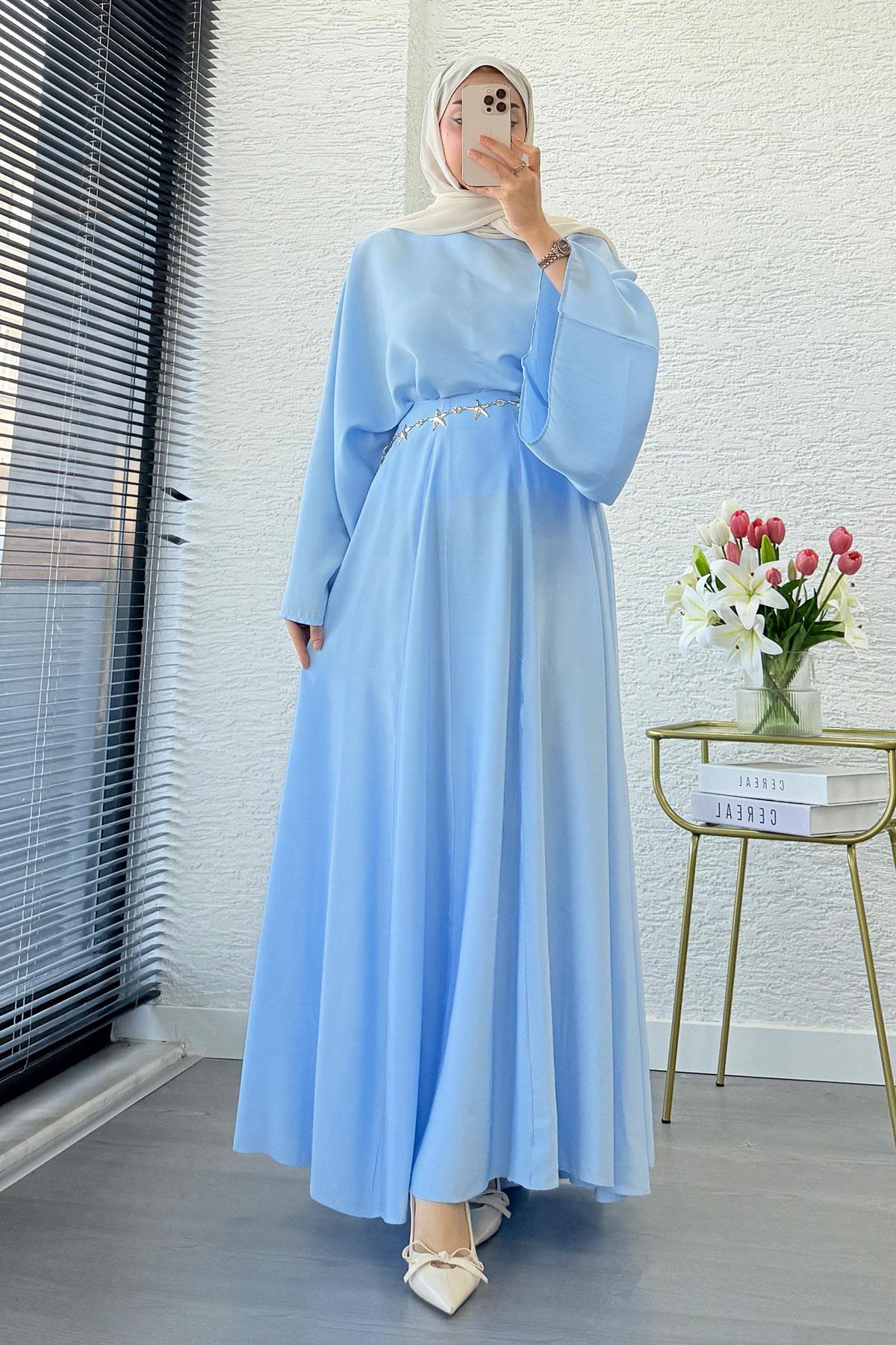 Pinterest Yarasa Kol Flare Etekli Takım – Mavi
