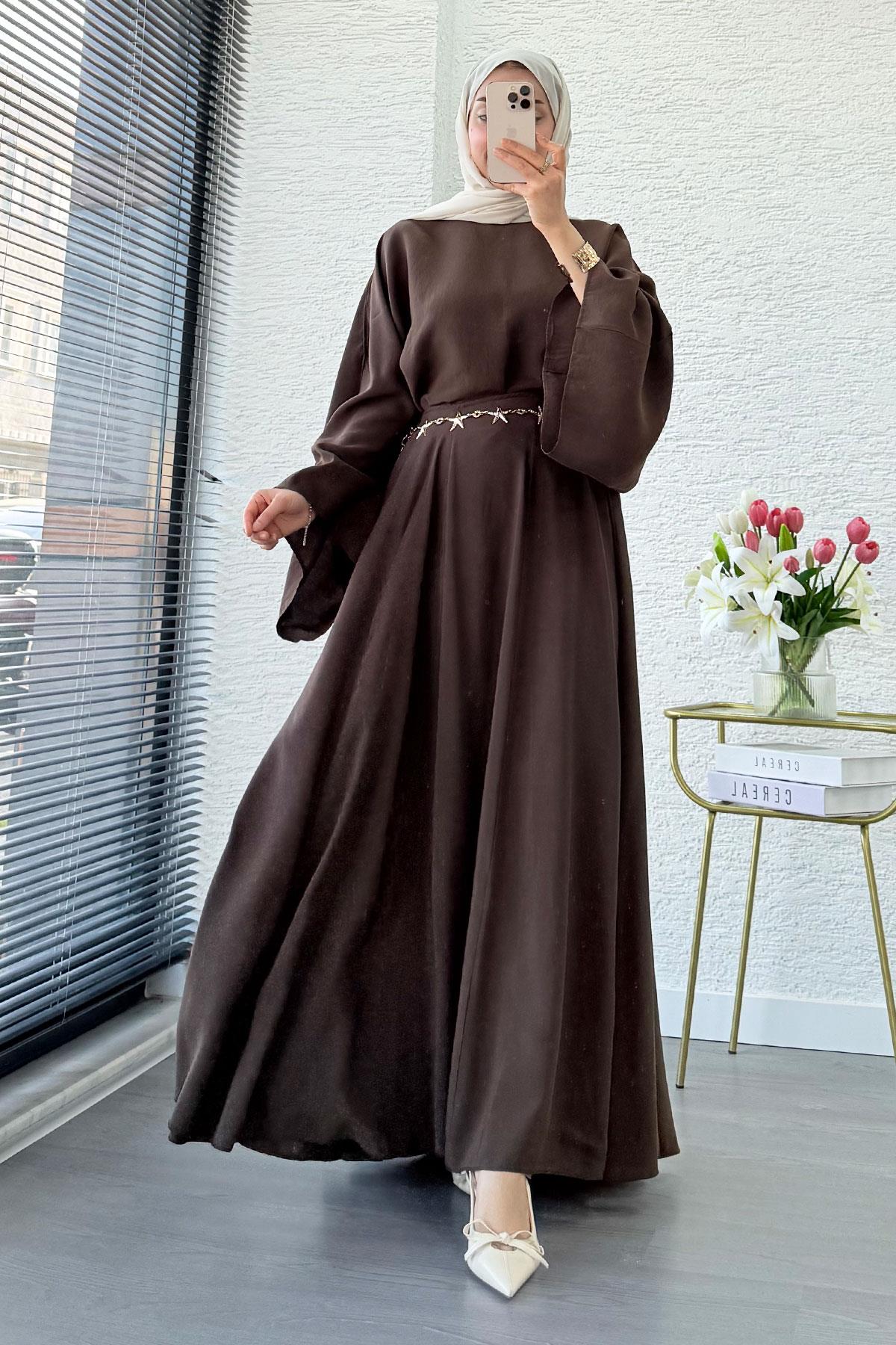 Pinterest Yarasa Kol Flare Etekli Takım – Kahverengi