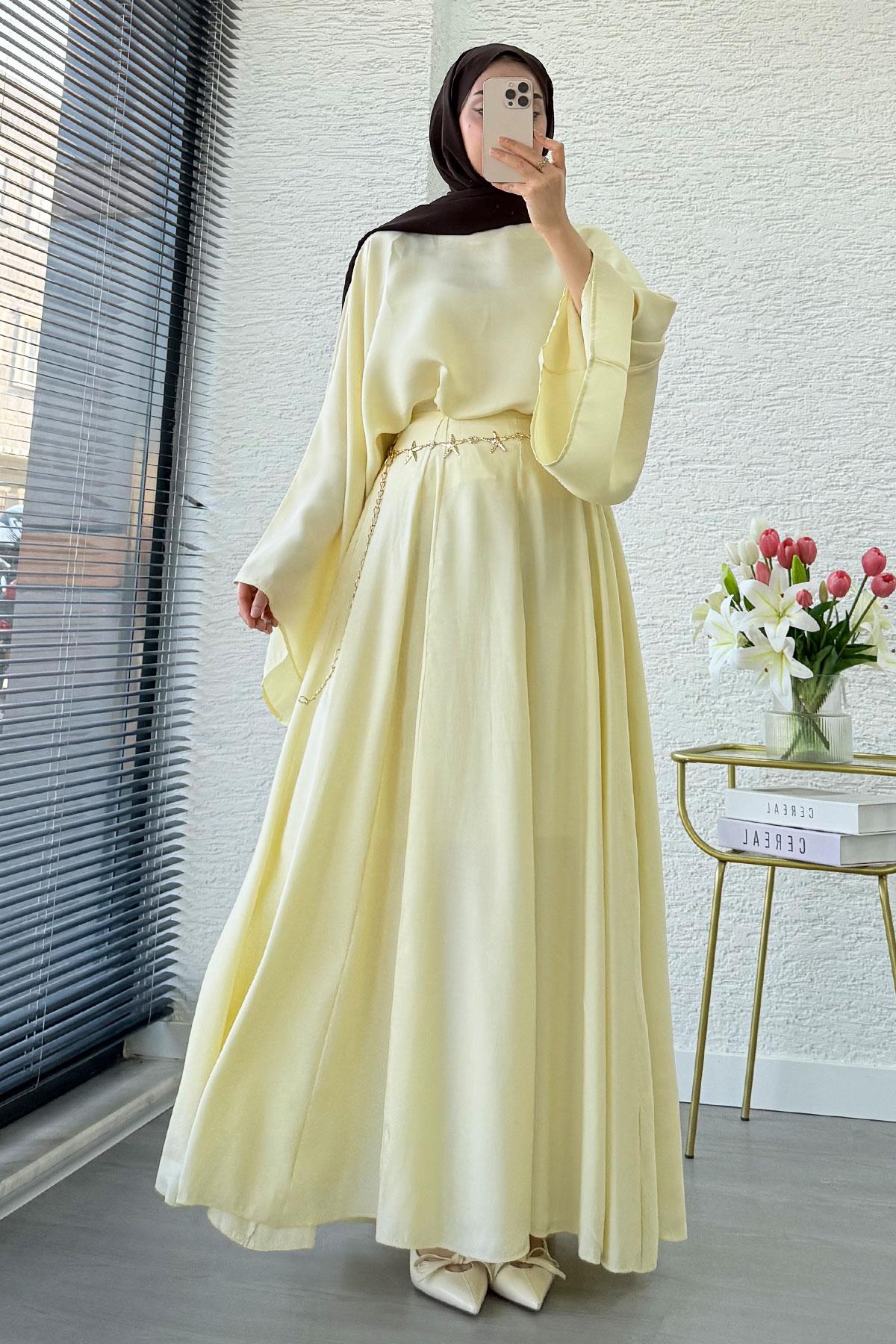 Pinterest Yarasa Kol Flare Etekli Takım – Sarı