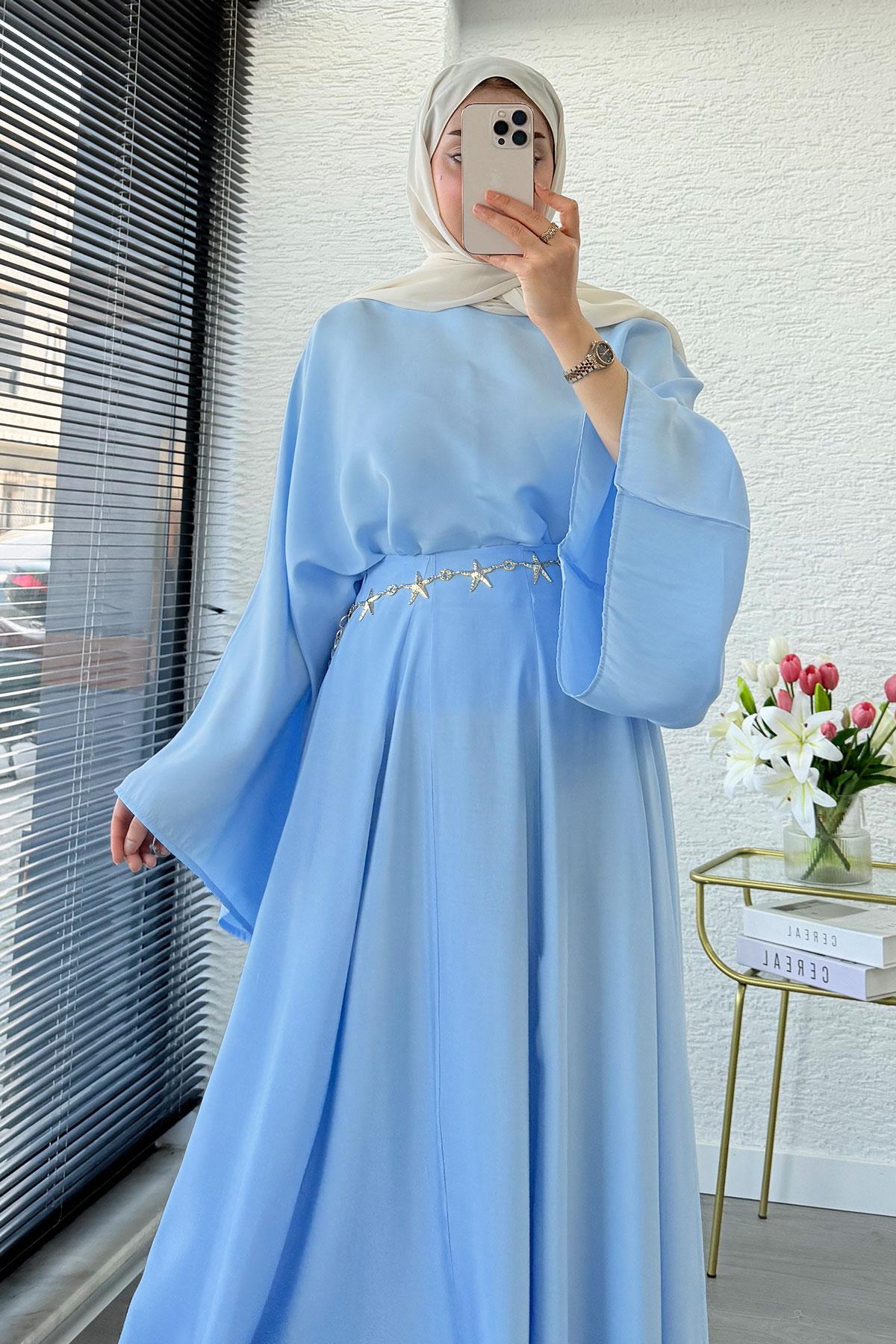 Pinterest Yarasa Kol Flare Etekli Takım – Mavi