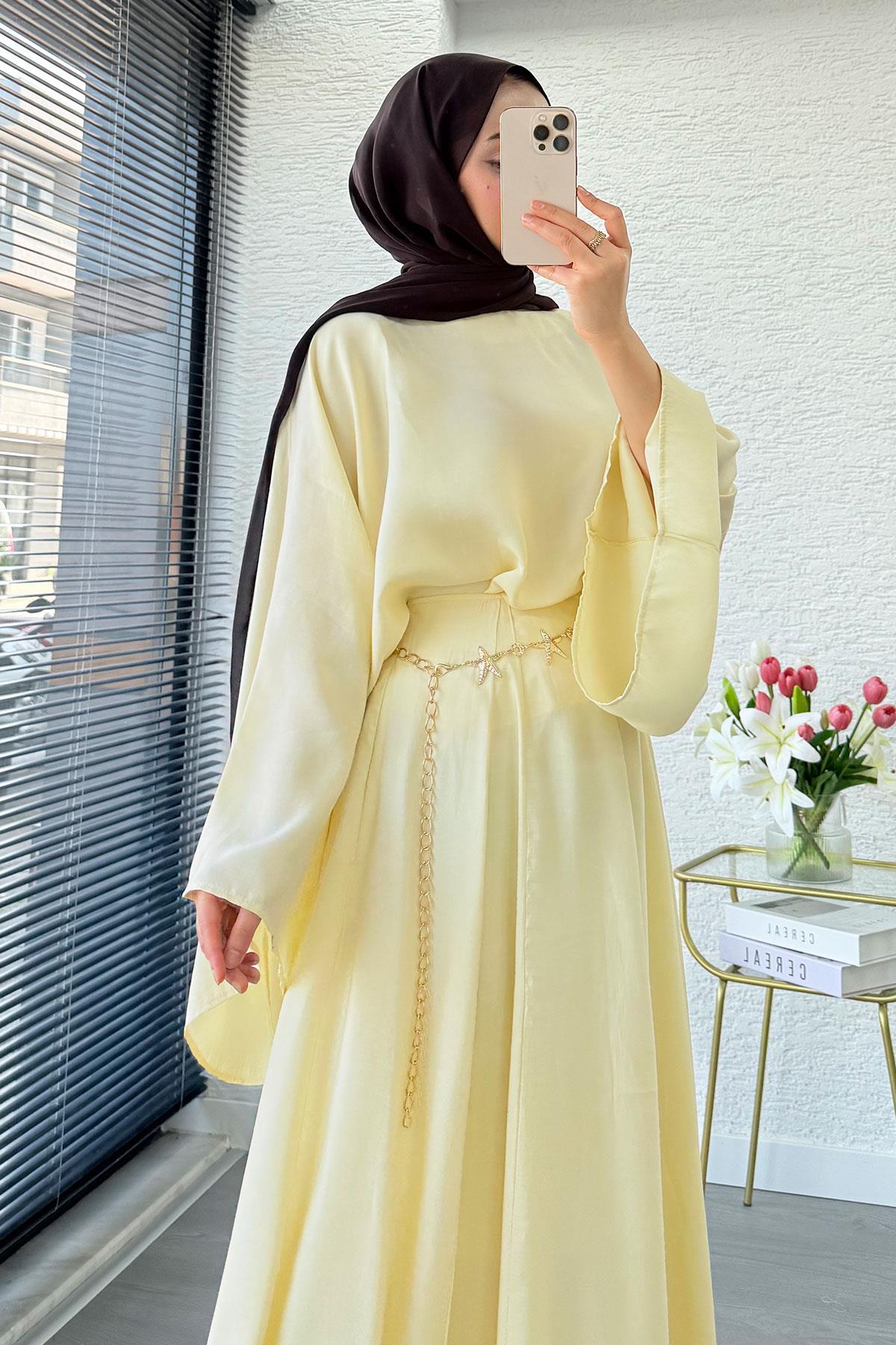 Pinterest Yarasa Kol Flare Etekli Takım – Sarı