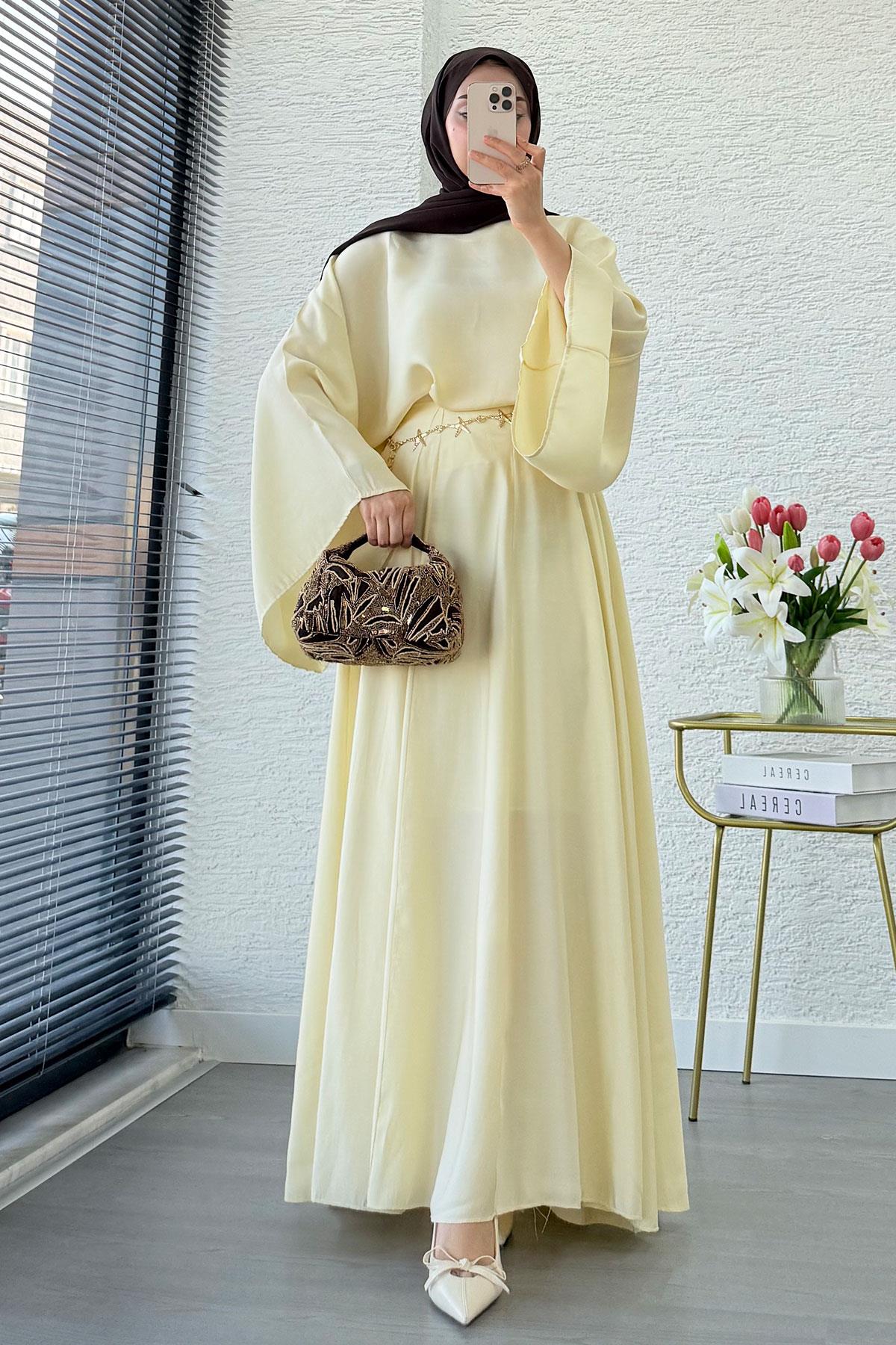 Pinterest Yarasa Kol Flare Etekli Takım – Sarı