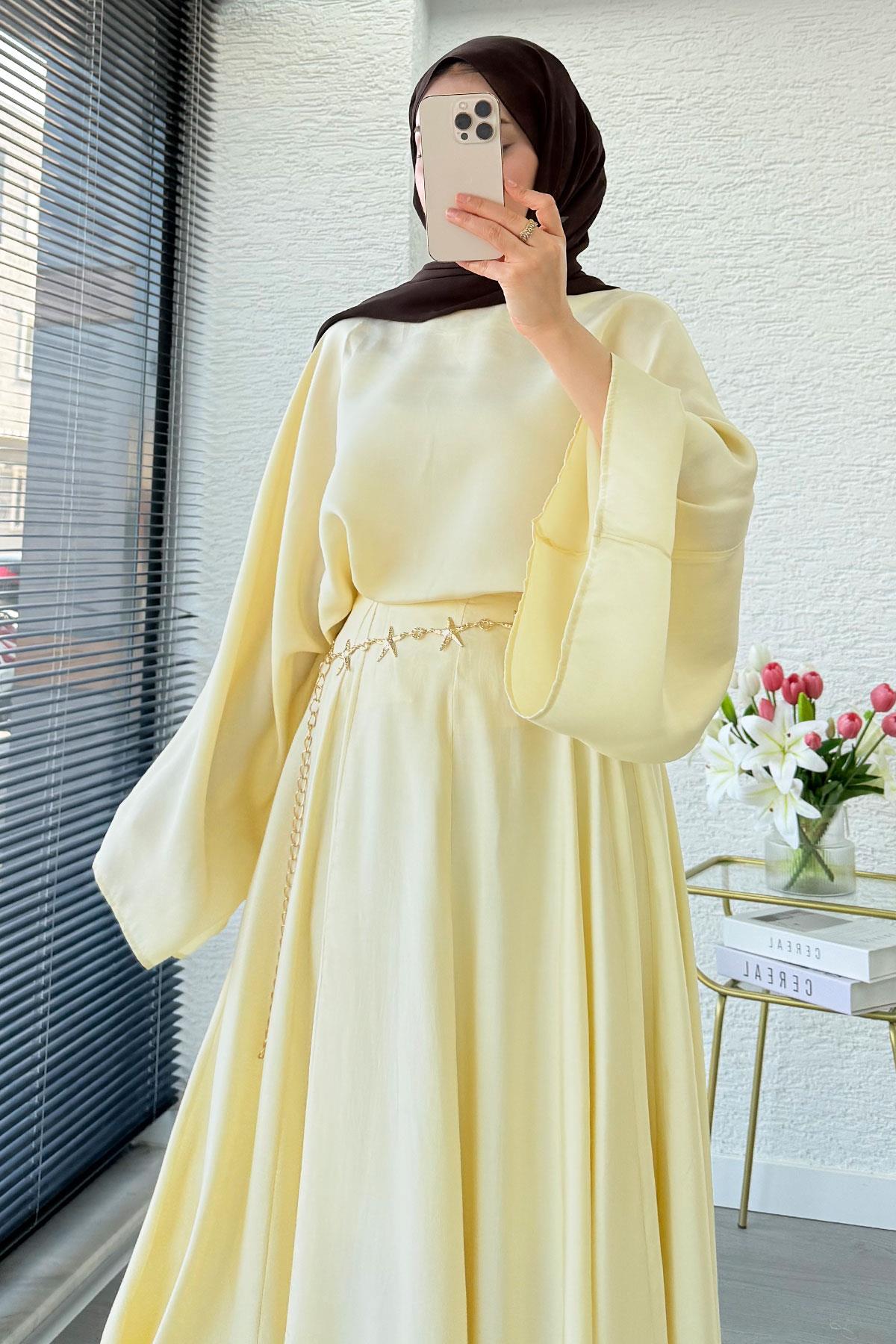 Pinterest Yarasa Kol Flare Etekli Takım – Sarı