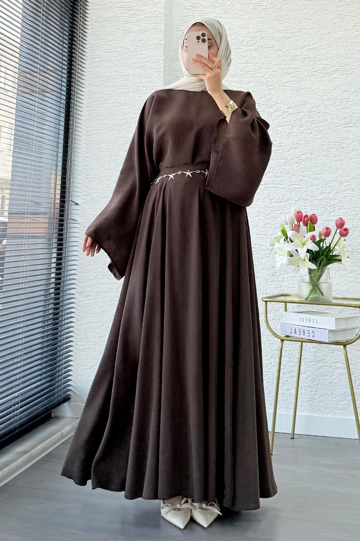 Pinterest Yarasa Kol Flare Etekli Takım – Kahverengi