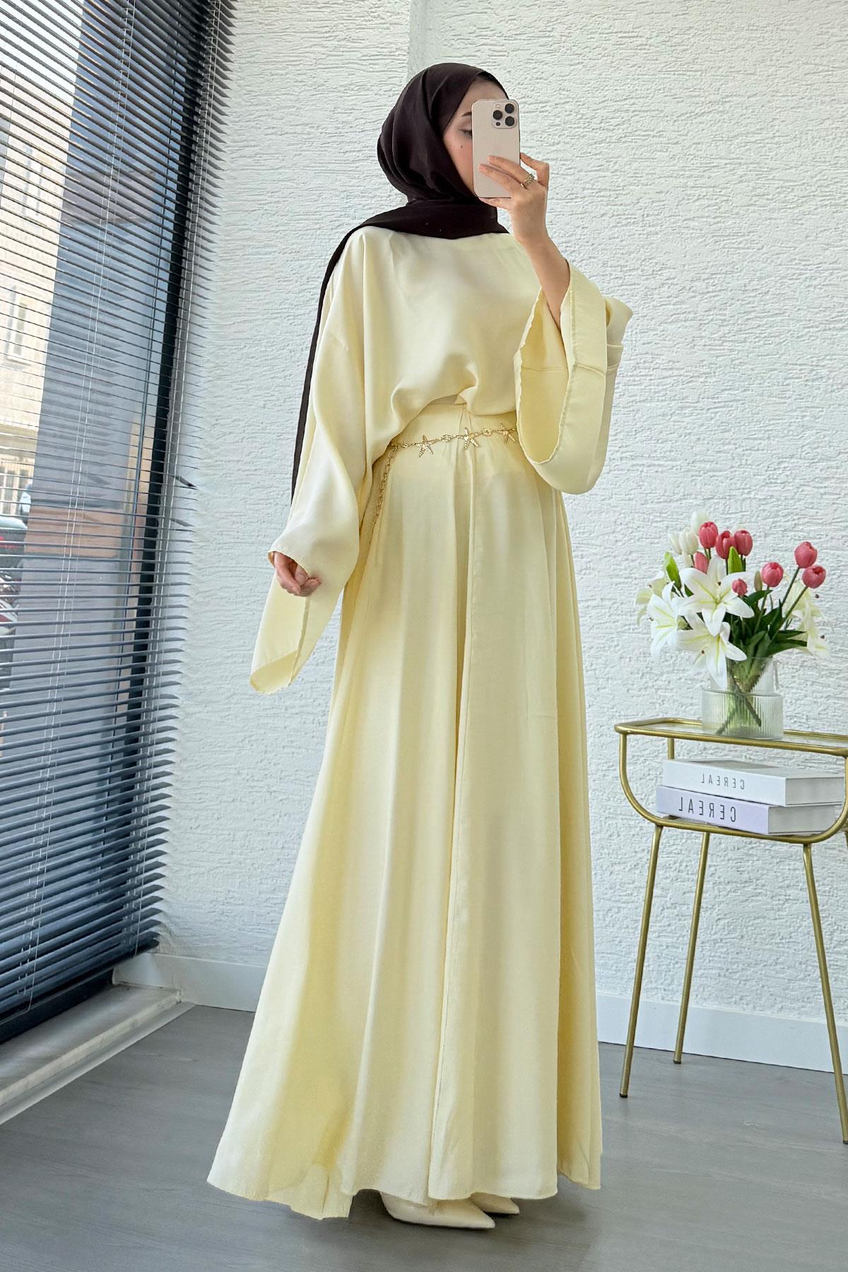 Pinterest Yarasa Kol Flare Etekli Takım – Sarı