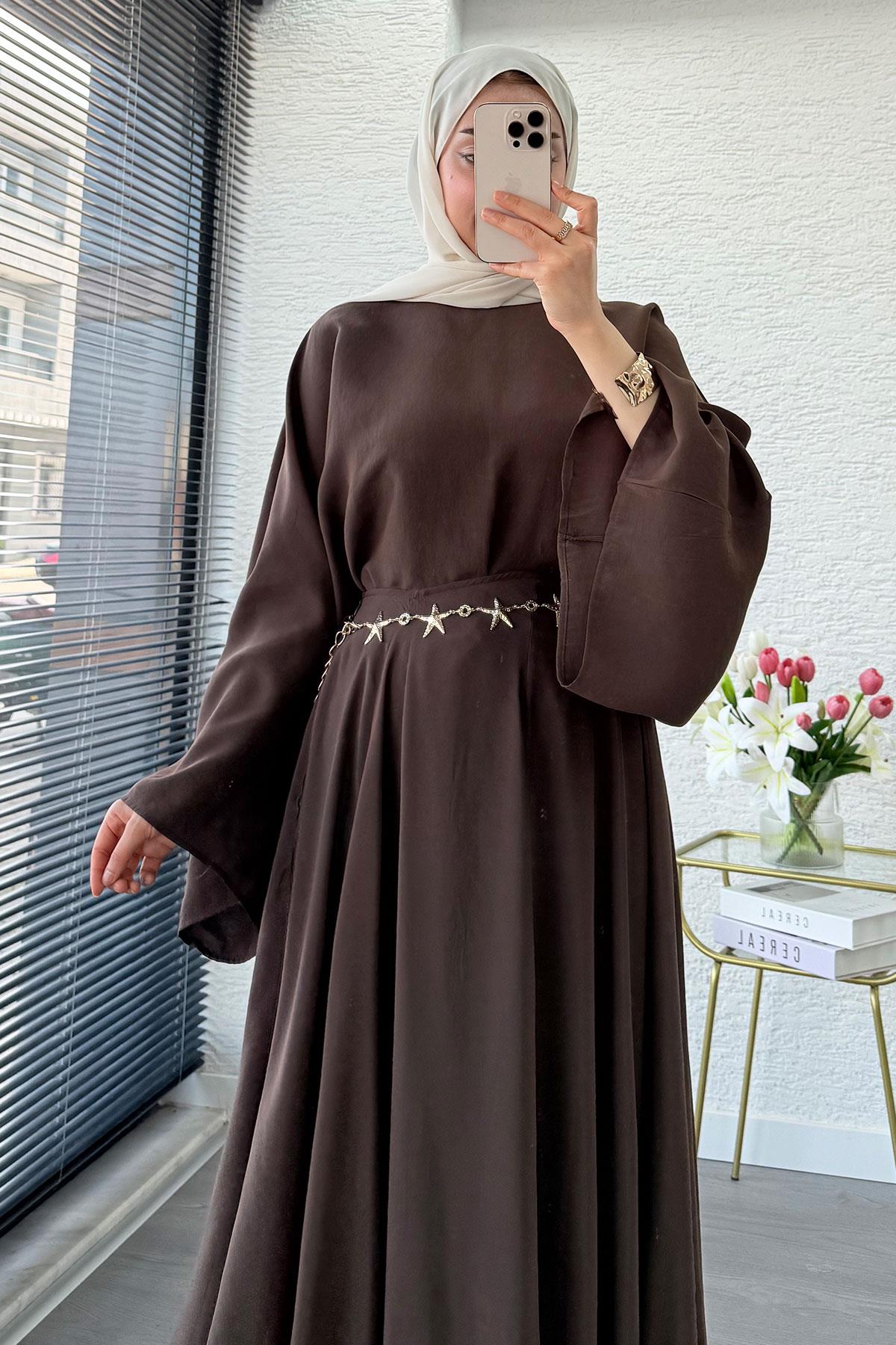 Pinterest Yarasa Kol Flare Etekli Takım – Kahverengi