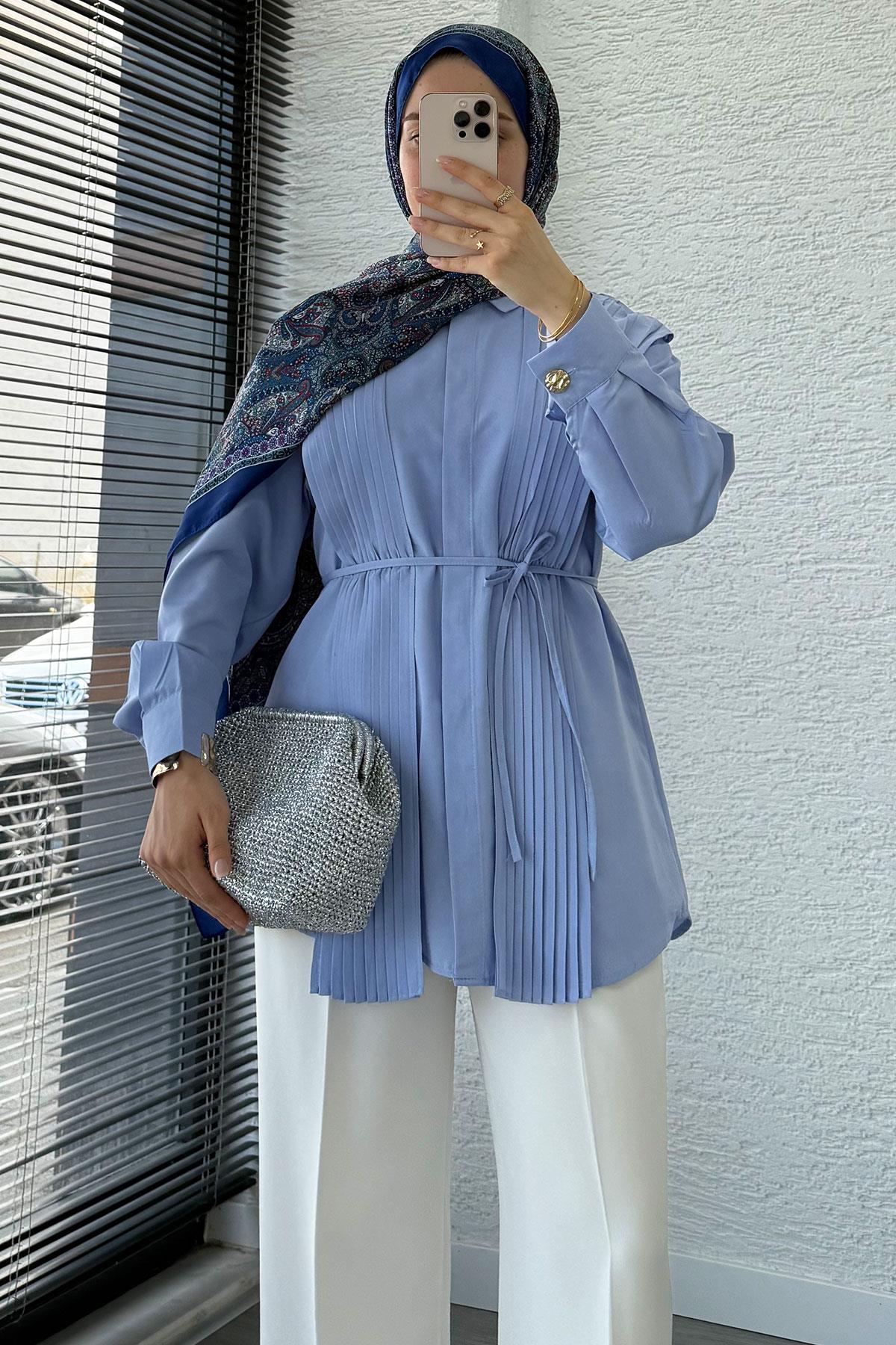 Pliseli Tasarım Poplin Tunik - Mavi