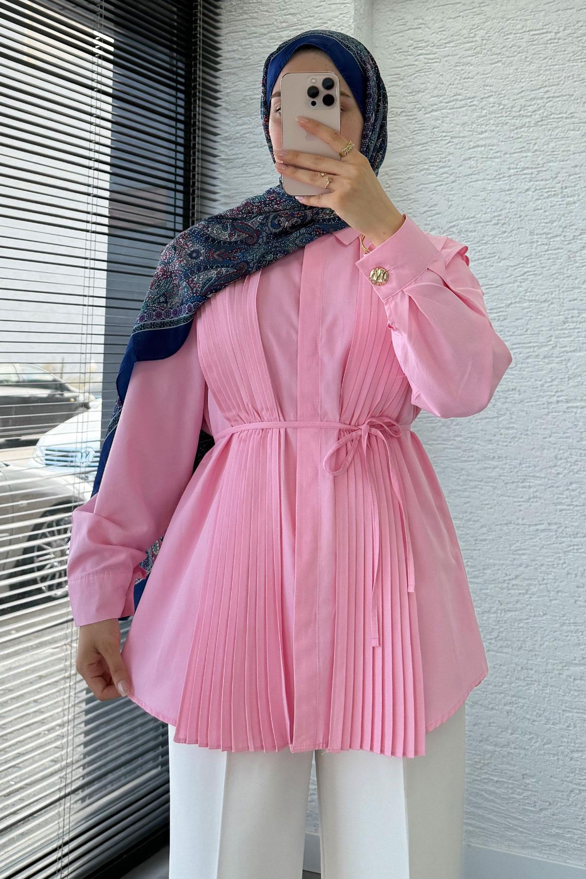 Pliseli Tasarım Poplin Tunik - Pembe
