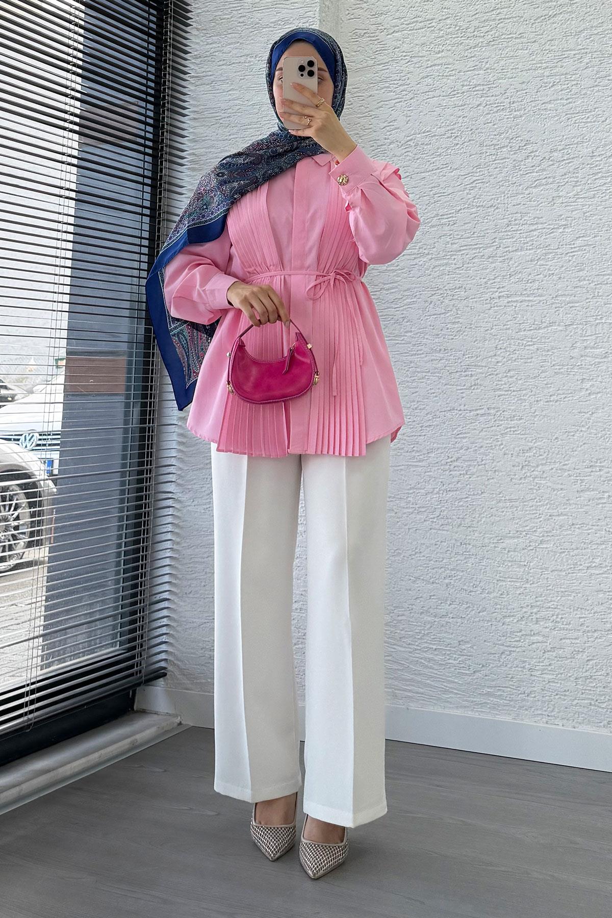 Pliseli Tasarım Poplin Tunik - Pembe