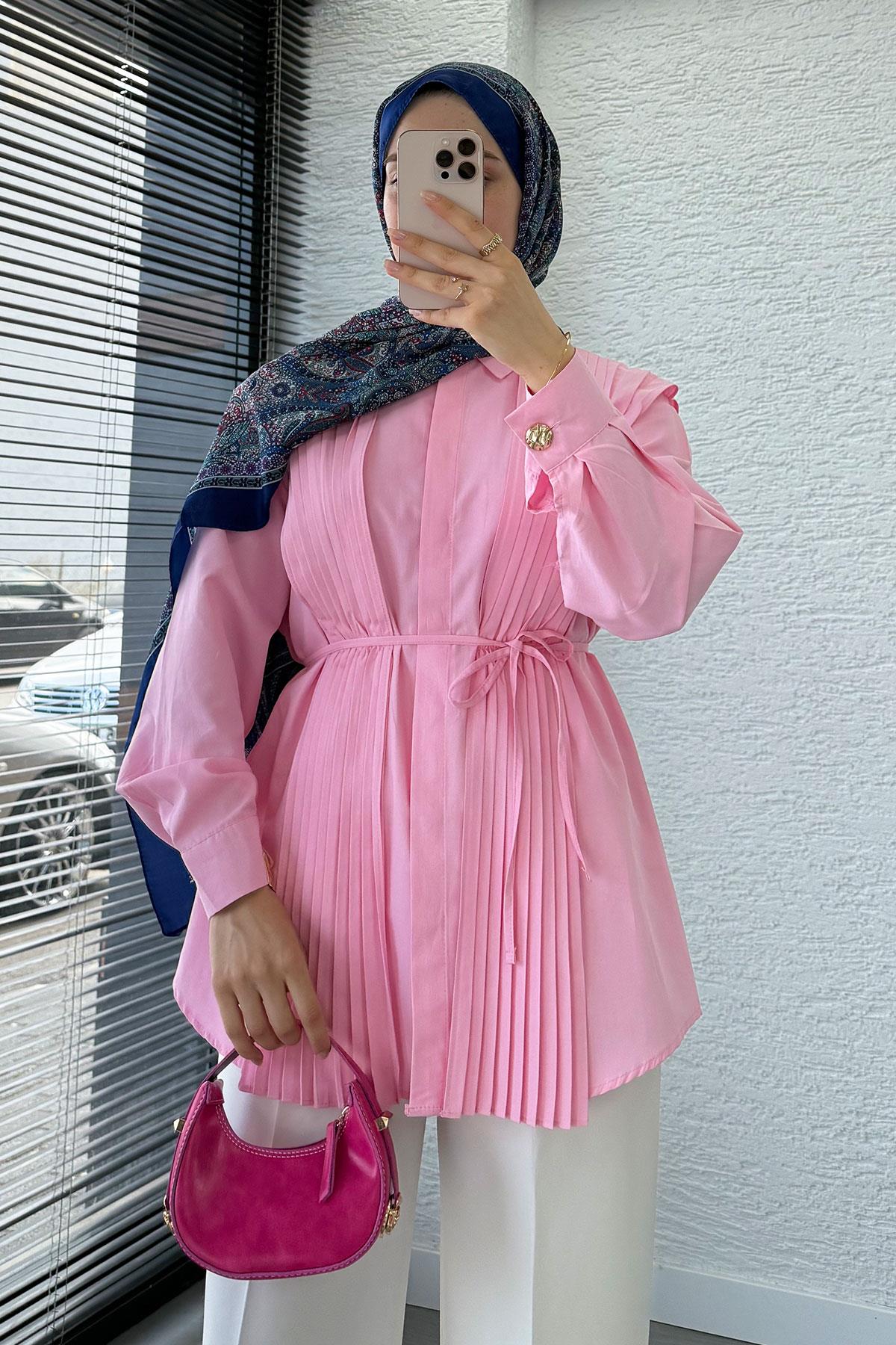 Pliseli Tasarım Poplin Tunik - Pembe