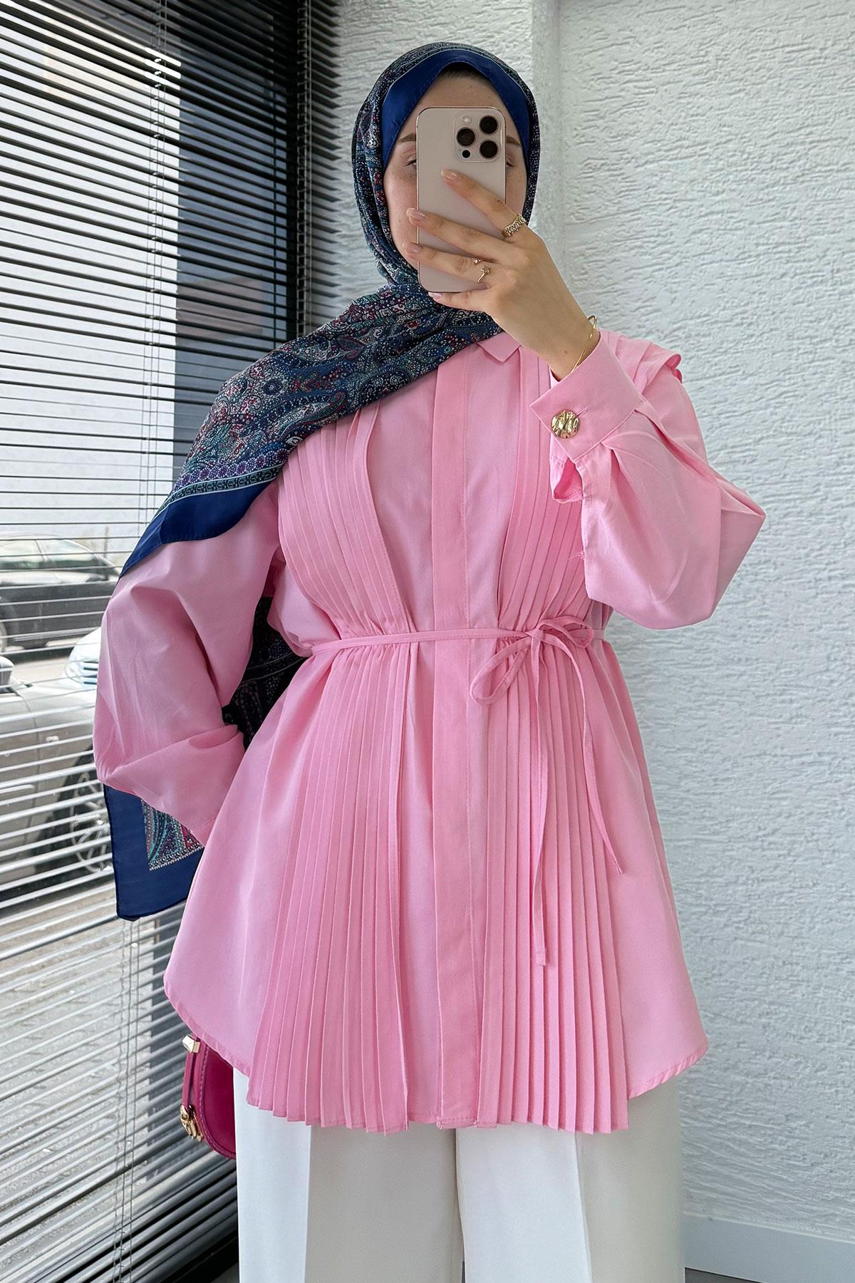 Pliseli Tasarım Poplin Tunik - Pembe