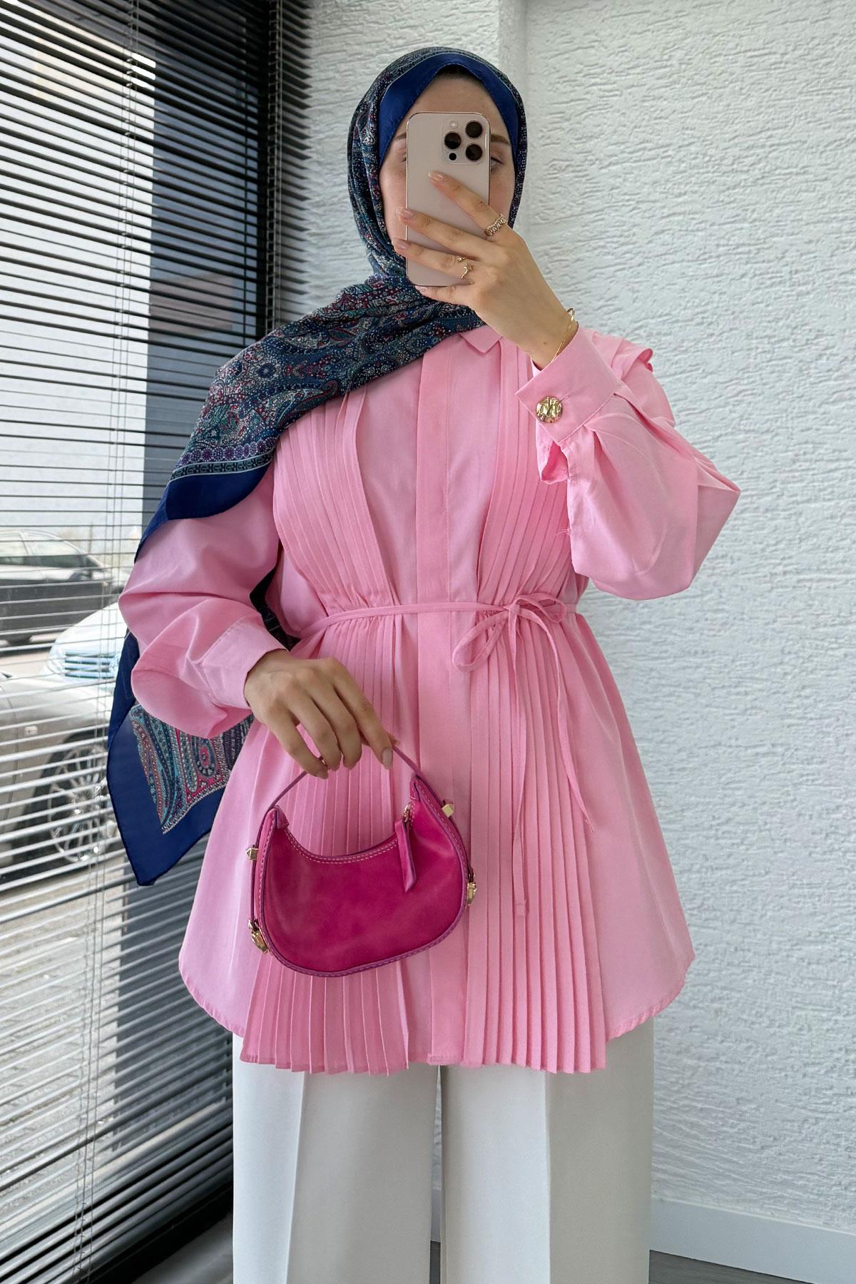 Pliseli Tasarım Poplin Tunik - Pembe