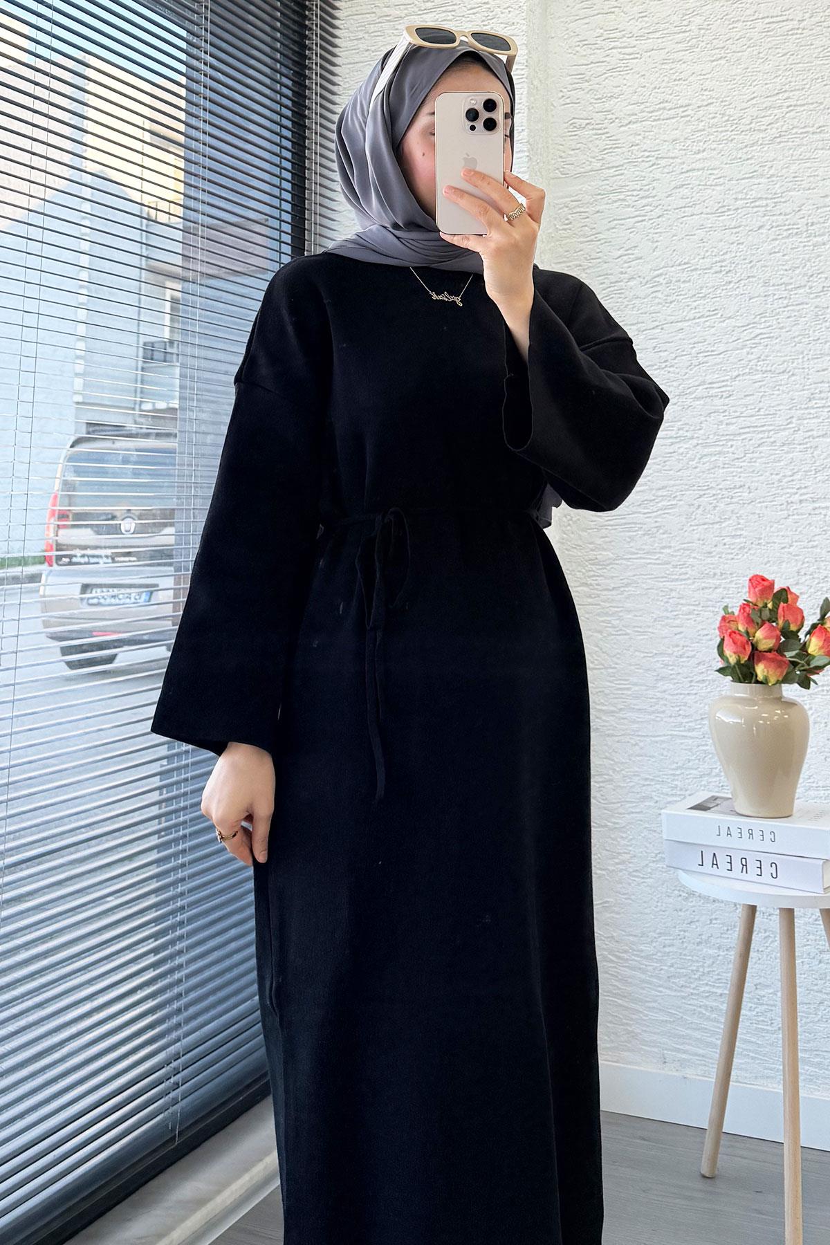 Premium Amore Çelik Örme Kuşaklı Triko Elbise - Siyah