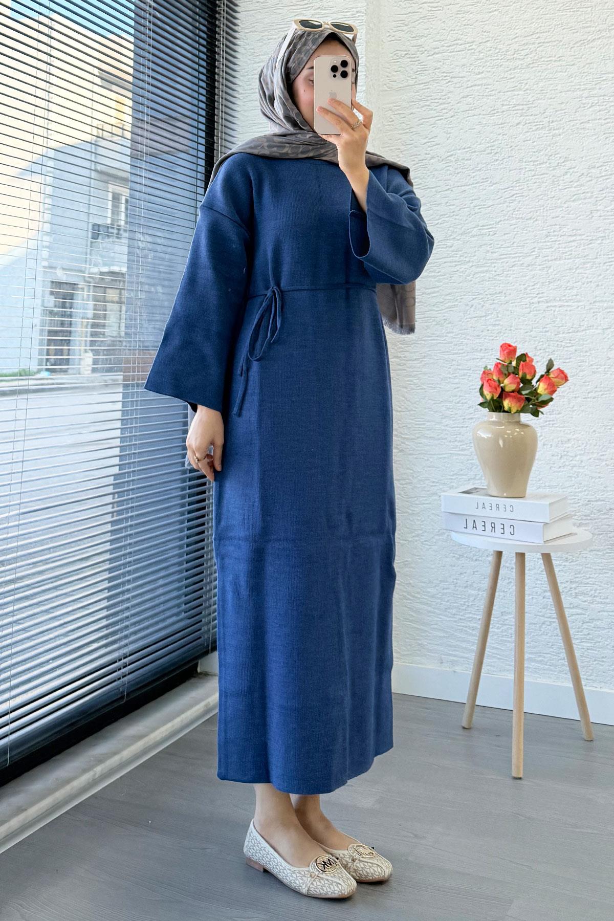 Premium Amore Çelik Örme Kuşaklı Triko Elbise - İndigo