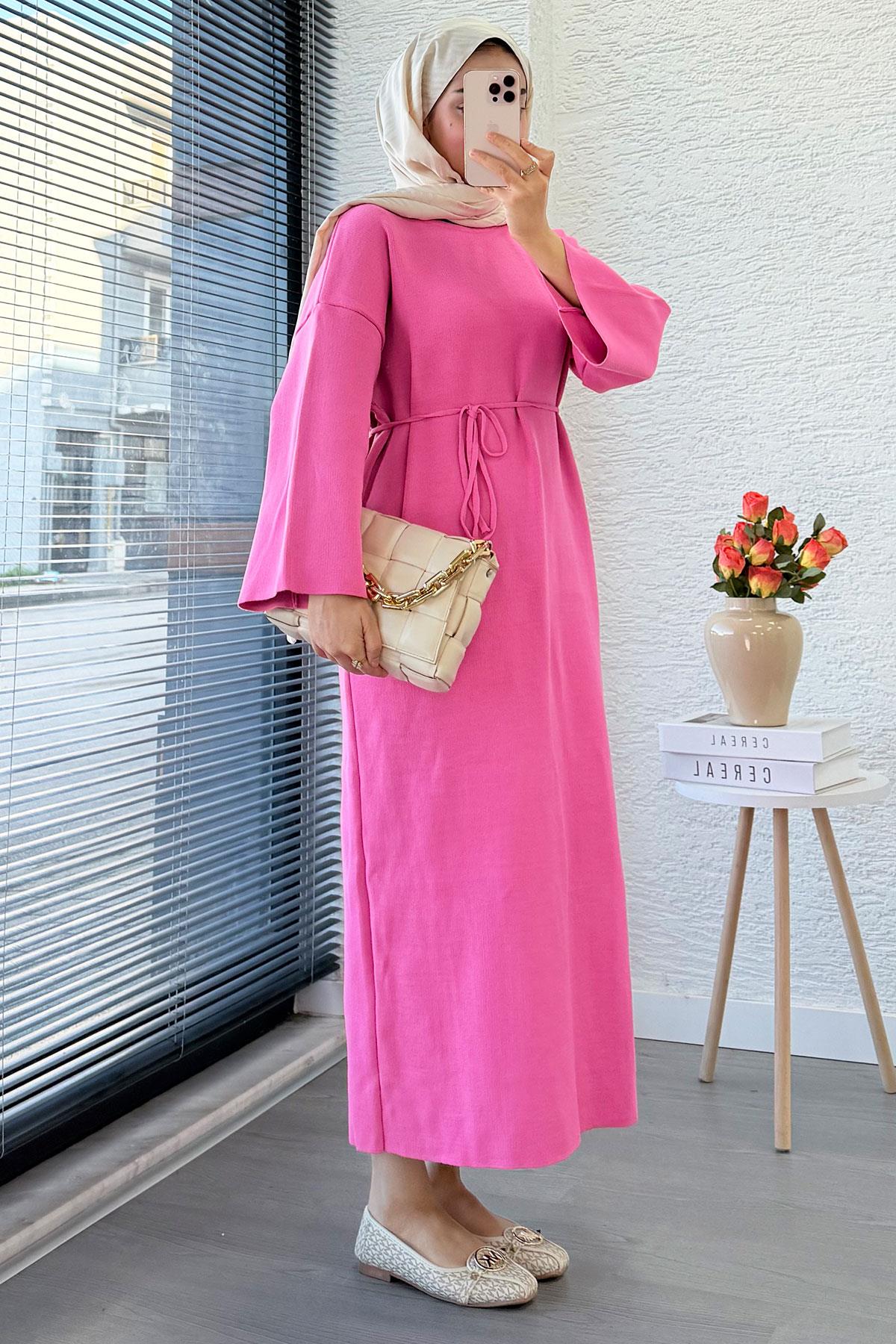 Premium Amore Çelik Örme Kuşaklı Triko Elbise - Pembe