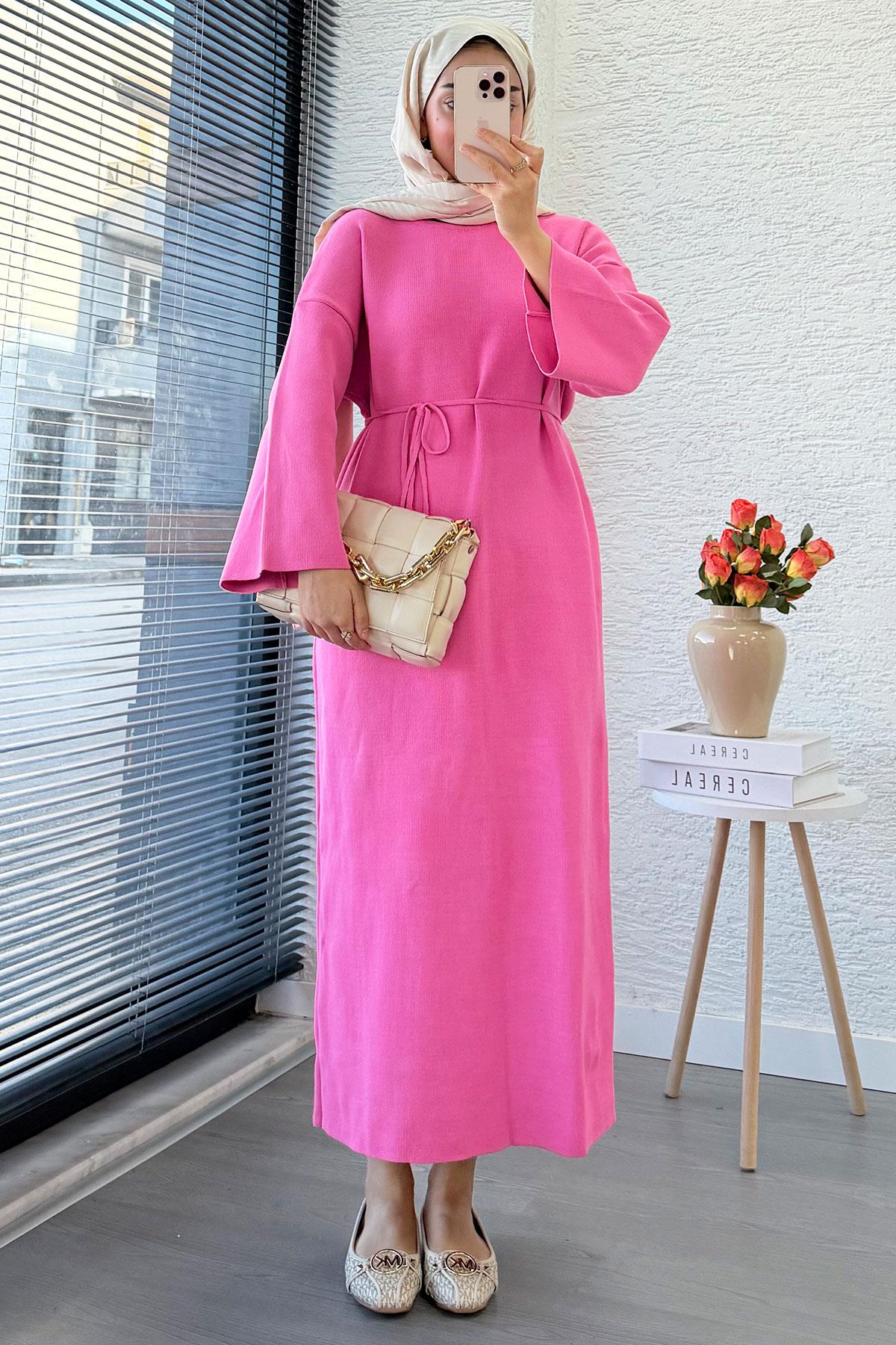 Premium Amore Çelik Örme Kuşaklı Triko Elbise - Pembe