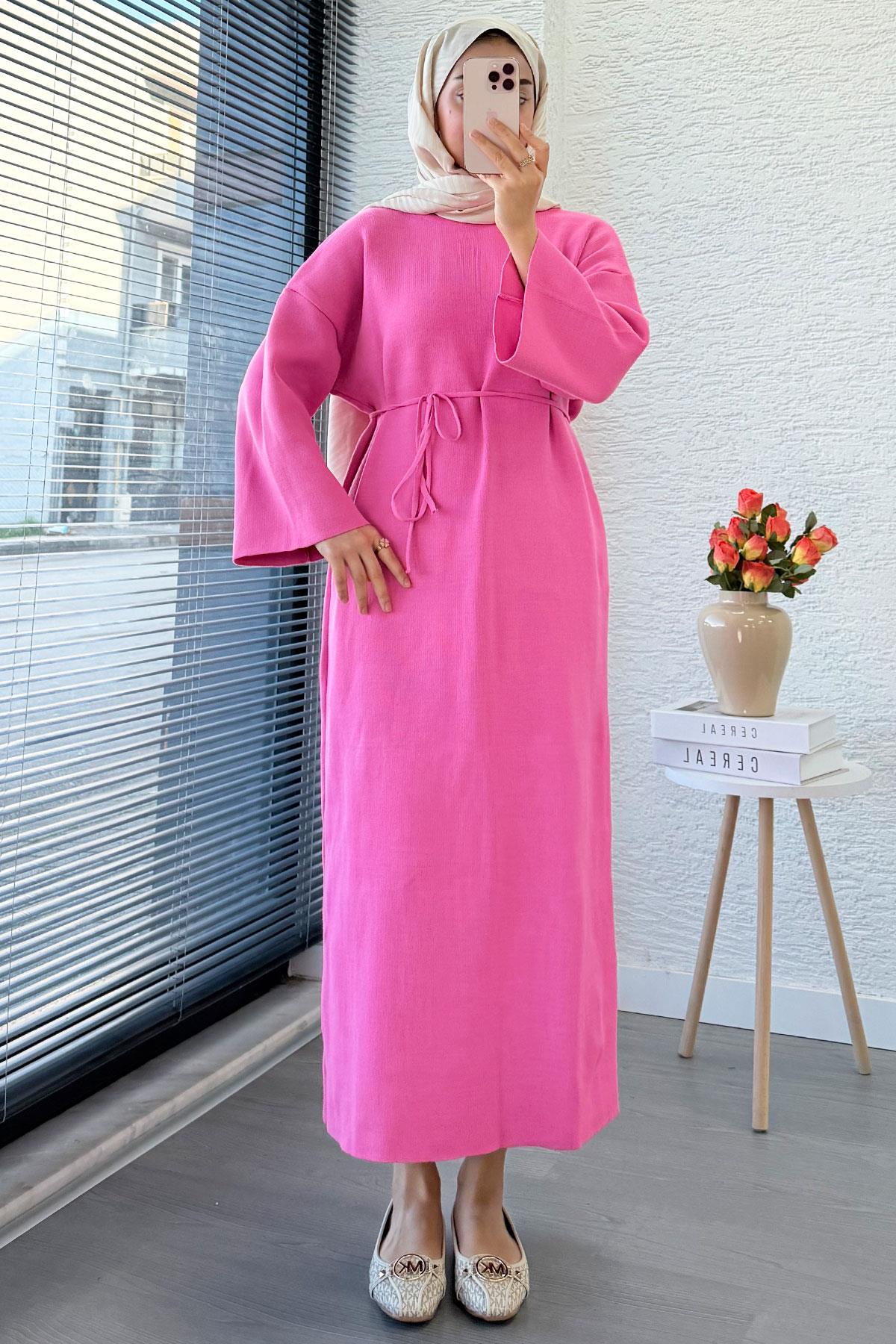 Premium Amore Çelik Örme Kuşaklı Triko Elbise - Pembe